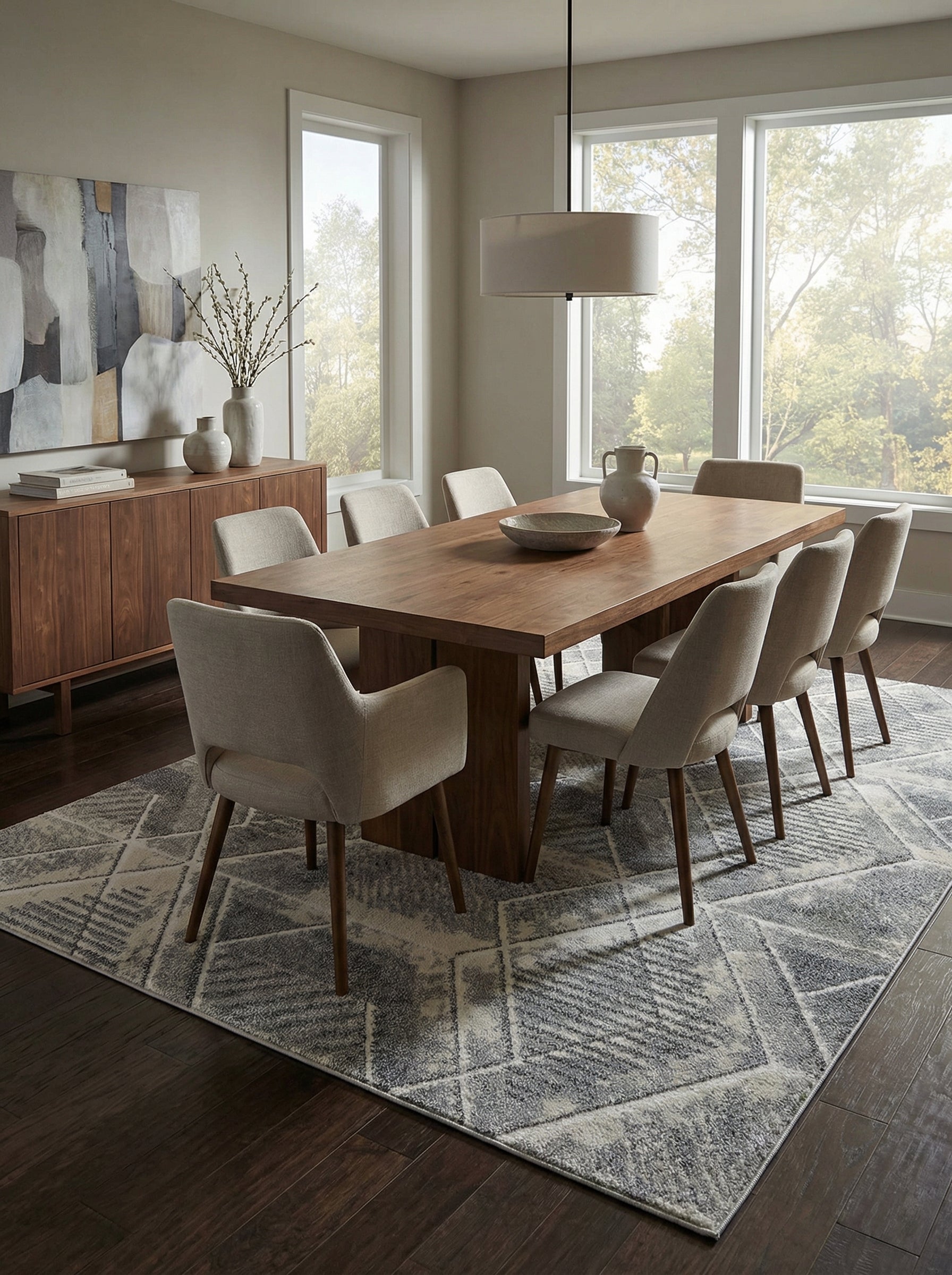 Tapis rectangulaire aux motifs géométriques abstraits gris, anthracite et crème, posé sur le plancher d'une salle à manger élégante