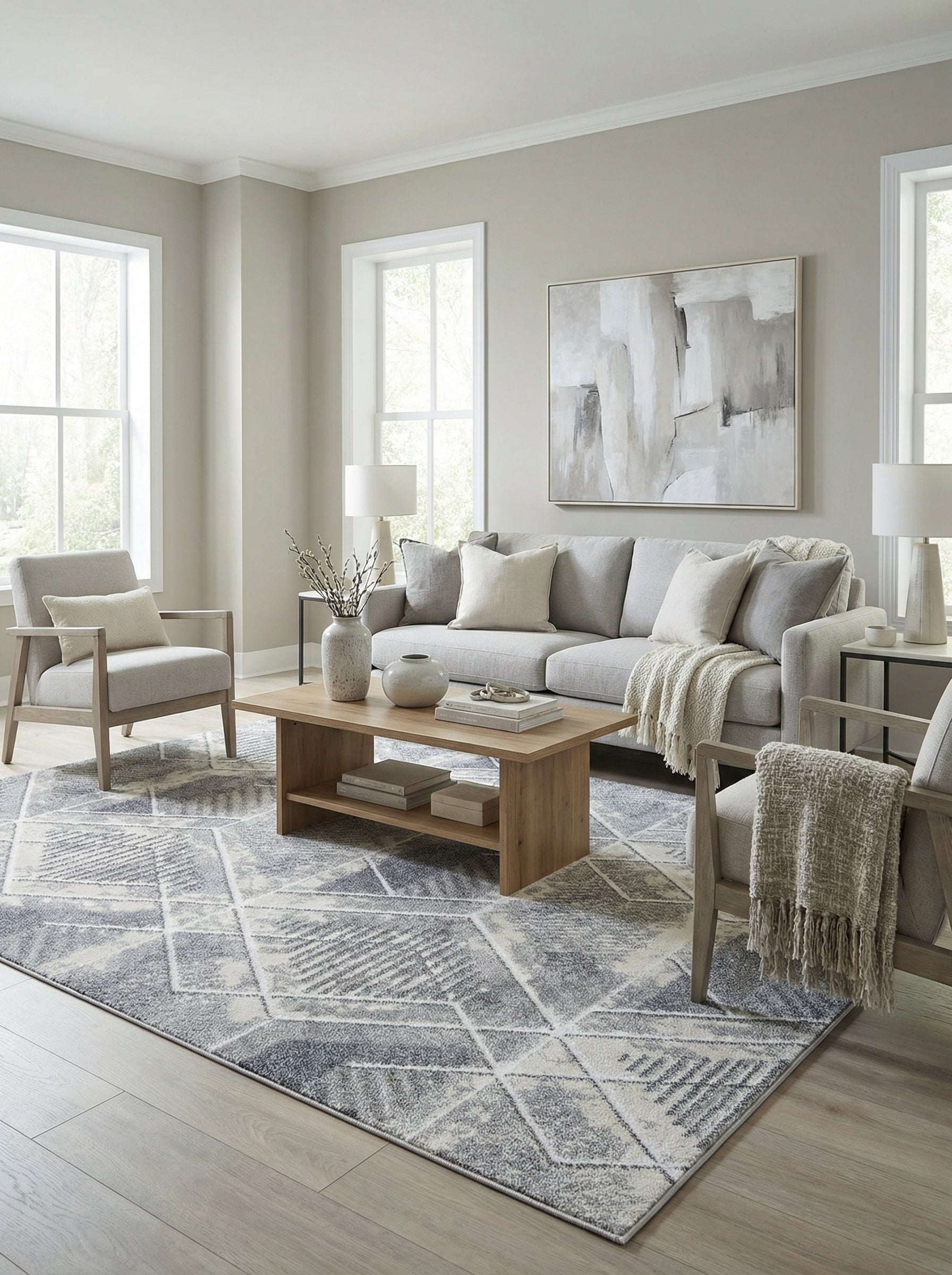 Tapis rectangulaire gris et blanc aux motifs géométriques abstraits et texturés posé sur le plancher d'un salon