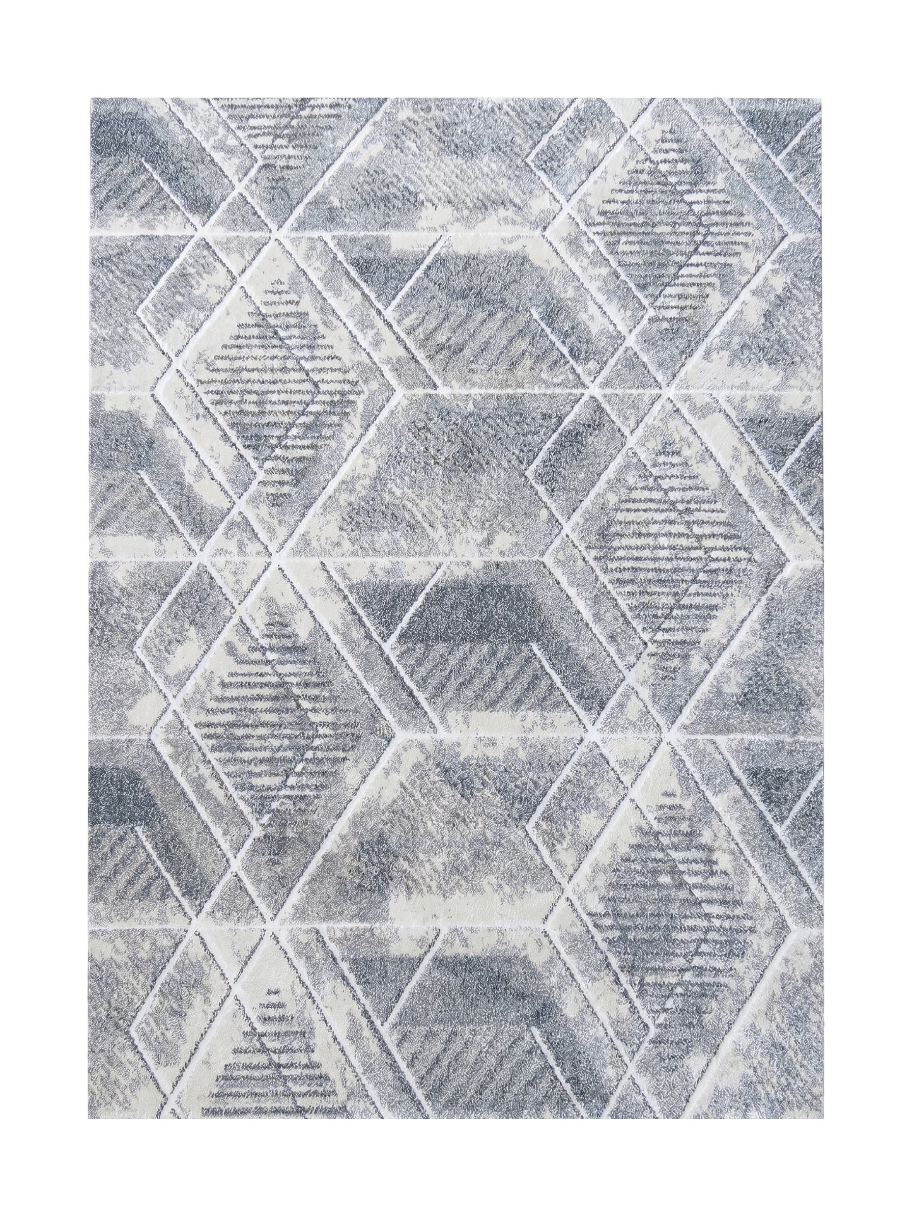 Tapis rectangulaire à motifs géométriques gris foncé, gris clair et crème. Sa texture est douce et irrégulière