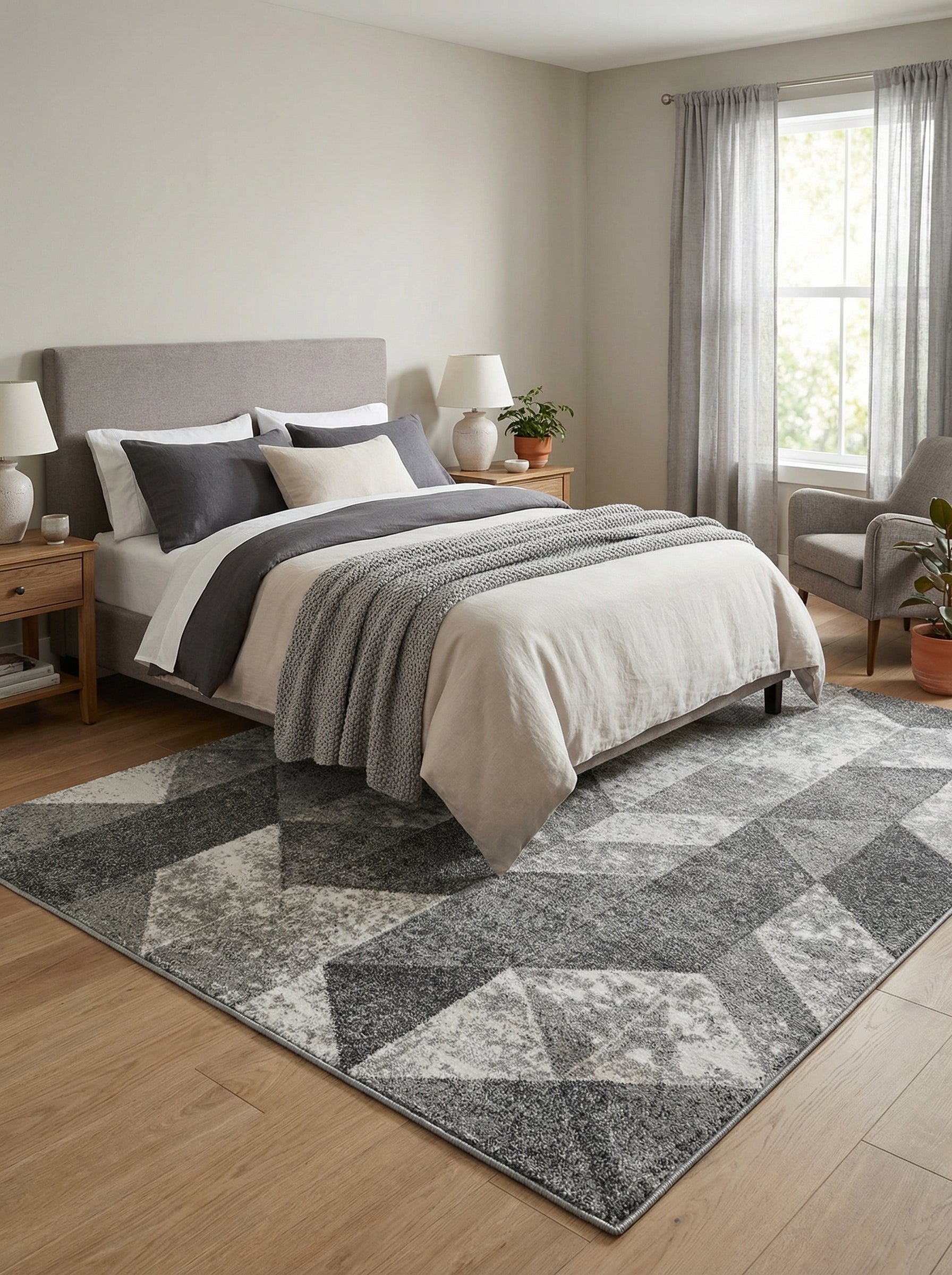 Tapis rectangulaire aux motifs géométriques abstraits en patchwork de gris et blanc texturé, sur un plancher de chambre à coucher
