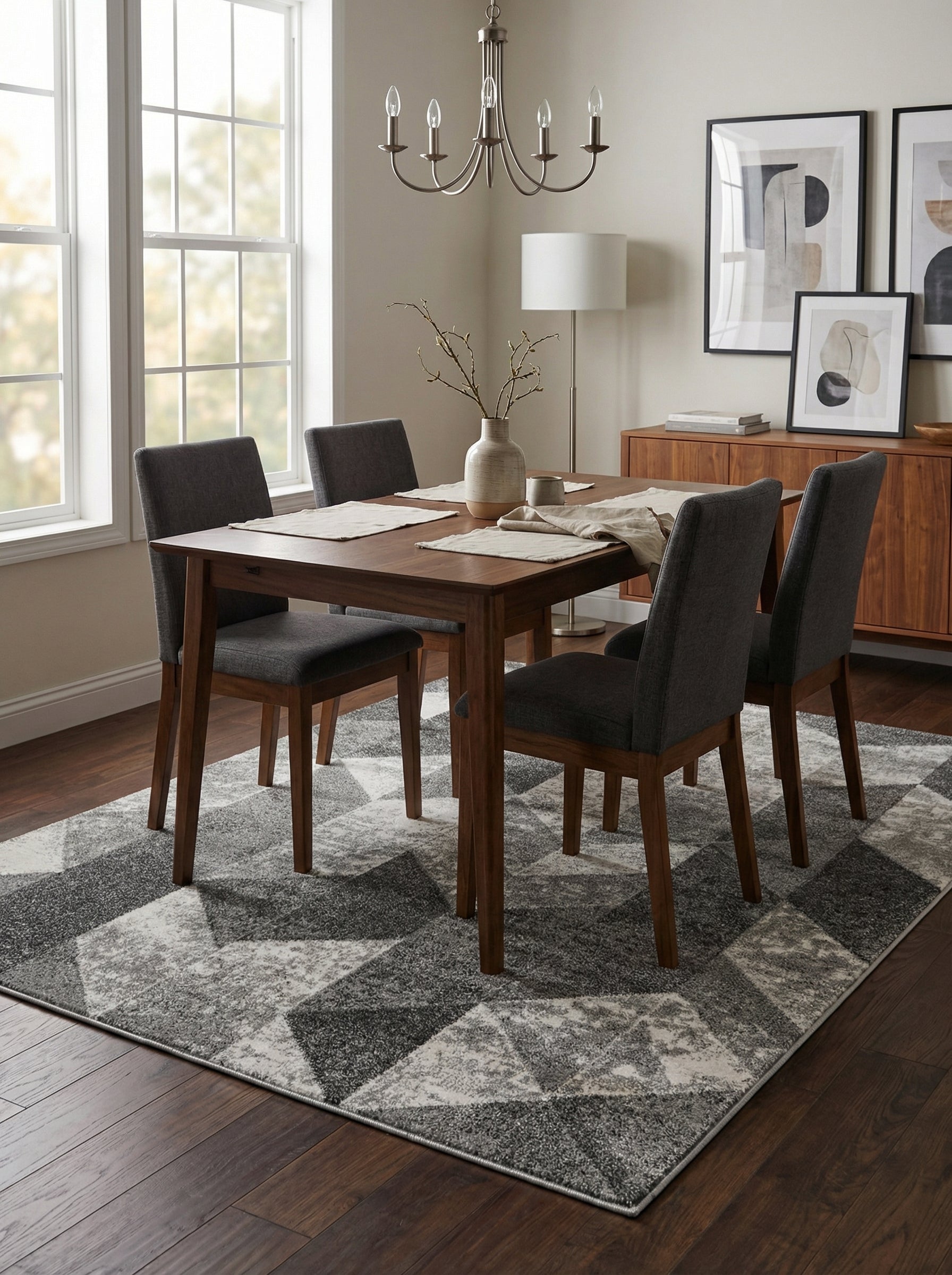 Tapis rectangulaire gris avec des motifs géométriques abstraits de triangles et polygones clairs et foncés, au centre d'une salle à manger