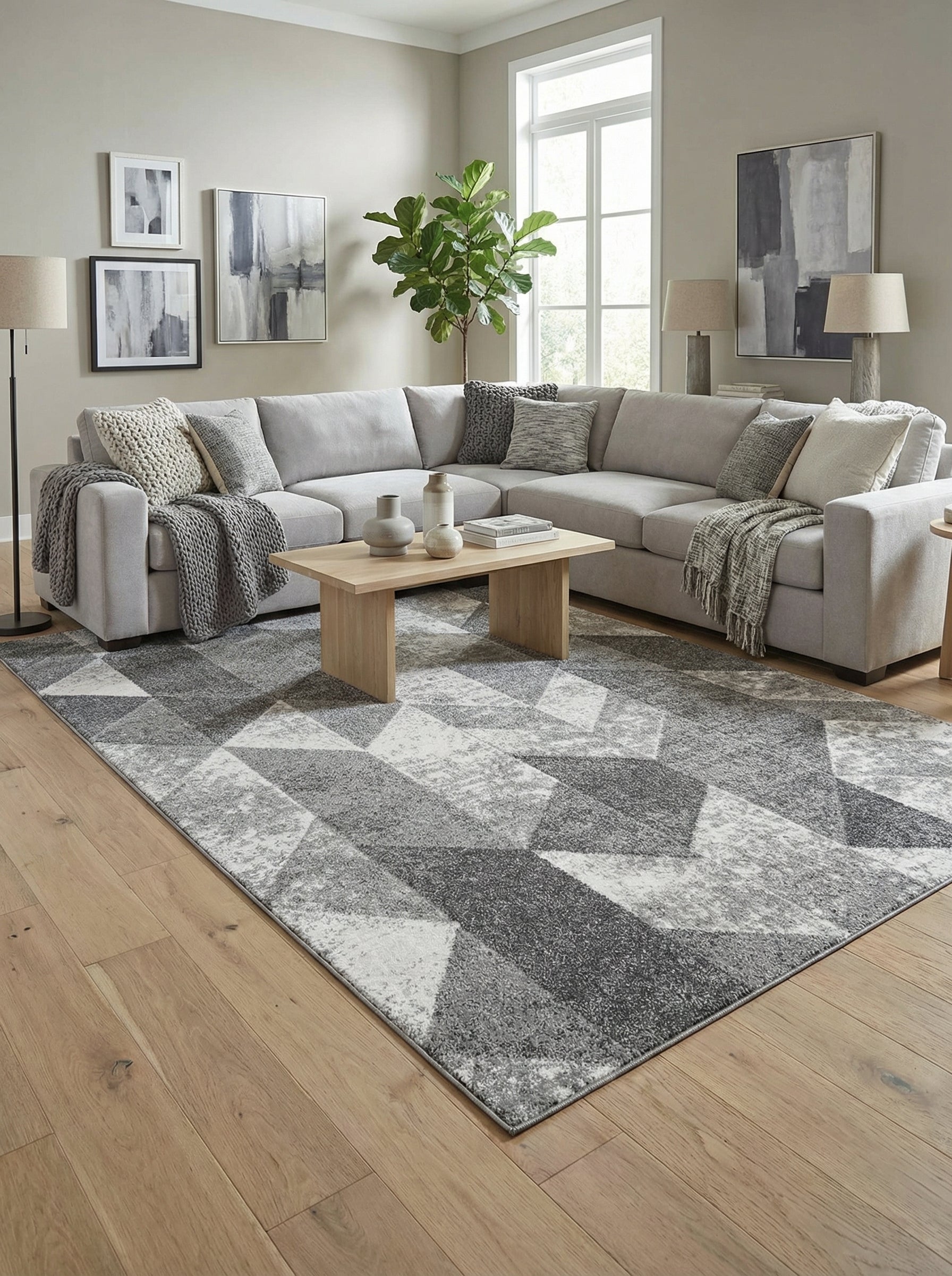 Tapis rectangulaire aux motifs géométriques gris, anthracite et blanc, avec un aspect texturé, dans un salon moderne
