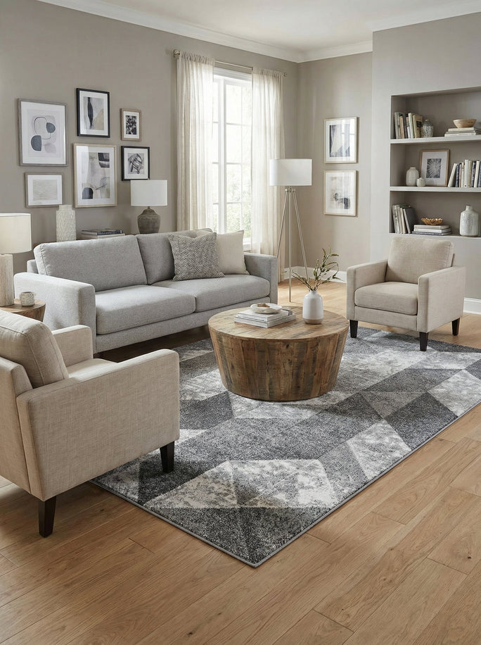 Grey & Cream Geometric Rug - Mirador