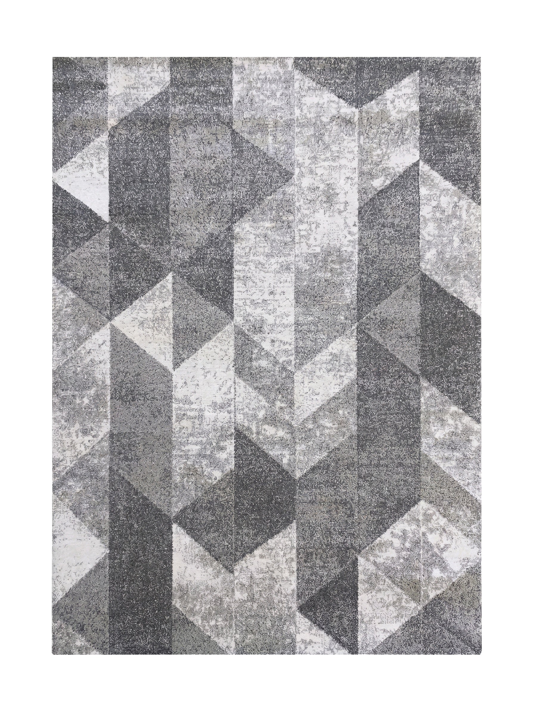 Tapis géométrique gris et blanc avec des motifs de triangles et trapèzes créant un effet 3D abstrait
