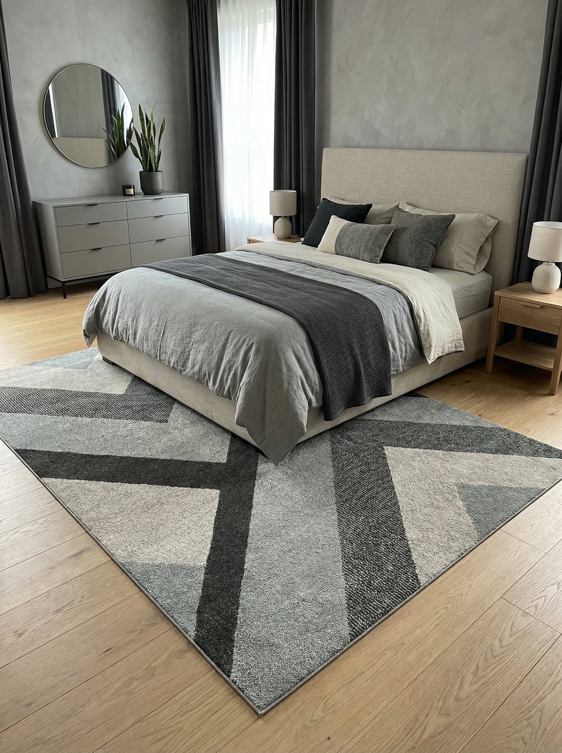 Tapis rectangulaire gris clair, moyen et foncé à motifs géométriques et blocs texturés, posé au sol d'une chambre moderne