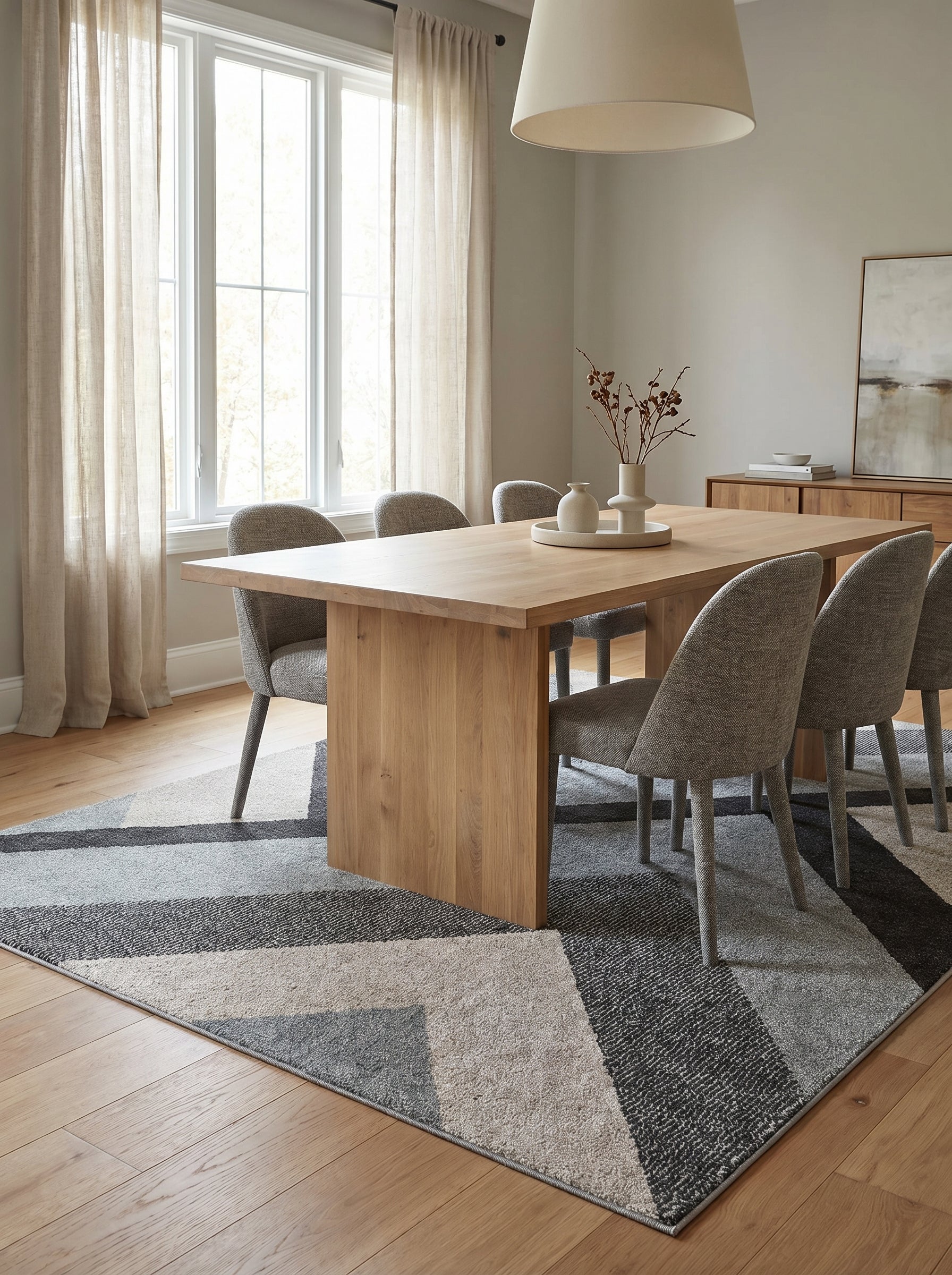 Tapis rectangulaire aux motifs géométriques noirs, gris clairs et foncés, et beiges, posé sur un parquet dans une salle à manger lumineuse