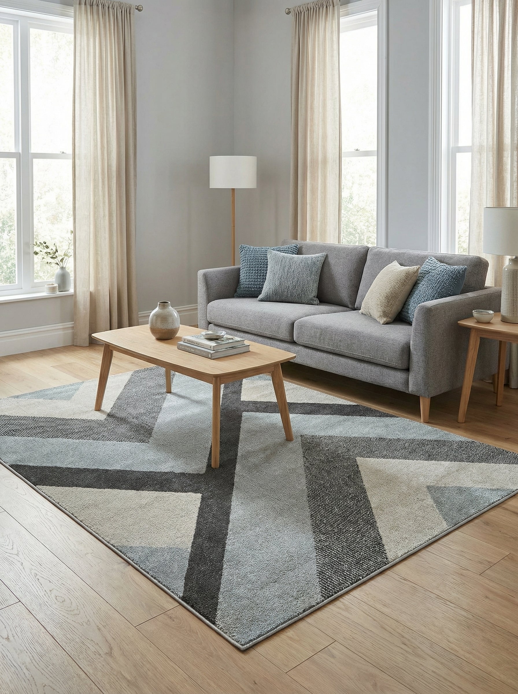 Tapis rectangulaire à motifs géométriques gris, bleu clair et crème, avec des zones texturées foncées, posé sur un parquet clair dans un salon moderne