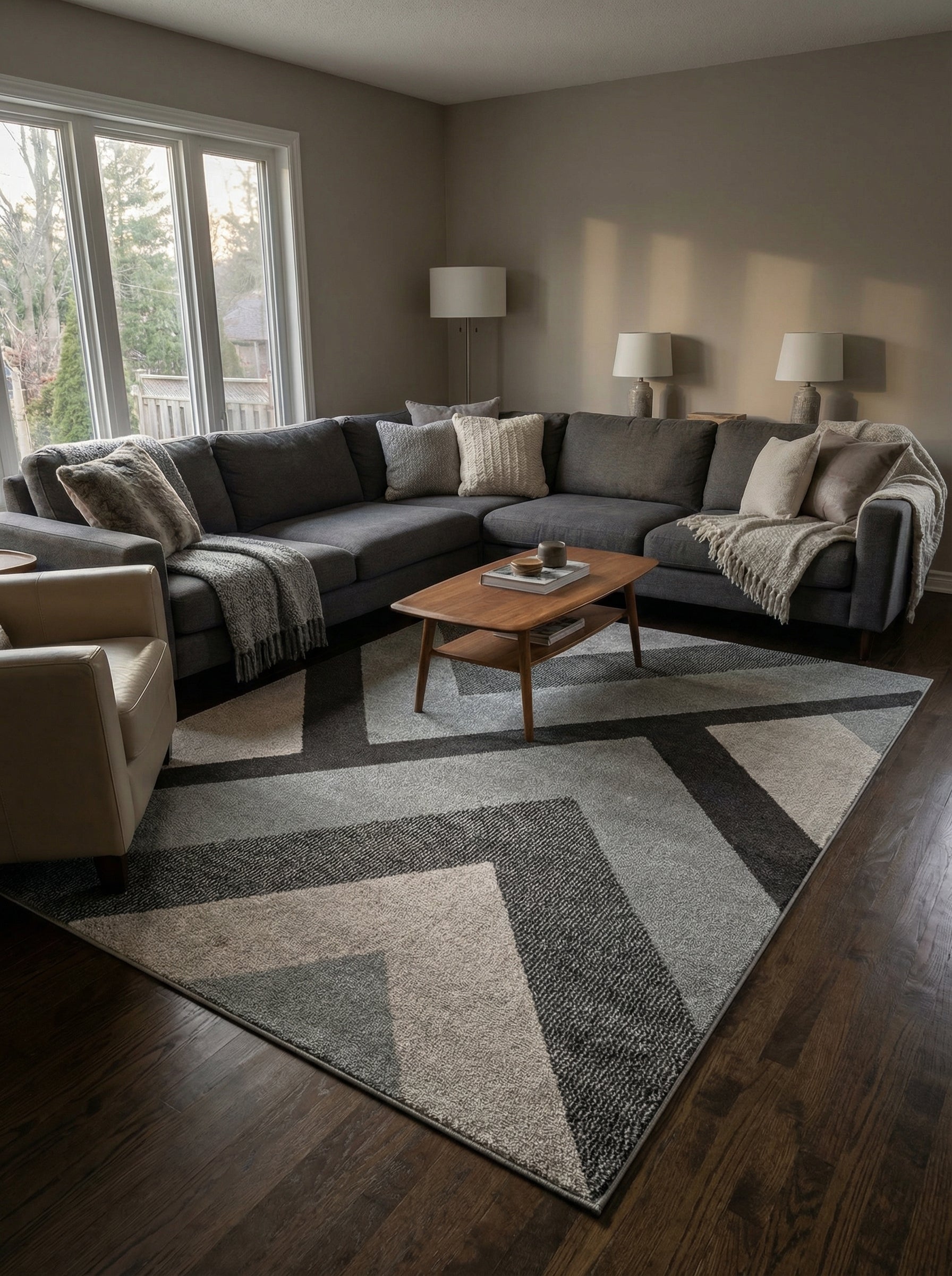 Tapis rectangulaire aux motifs géométriques gris foncé, gris moyen, gris clair et beige, posé sur un plancher en bois dans un salon moderne