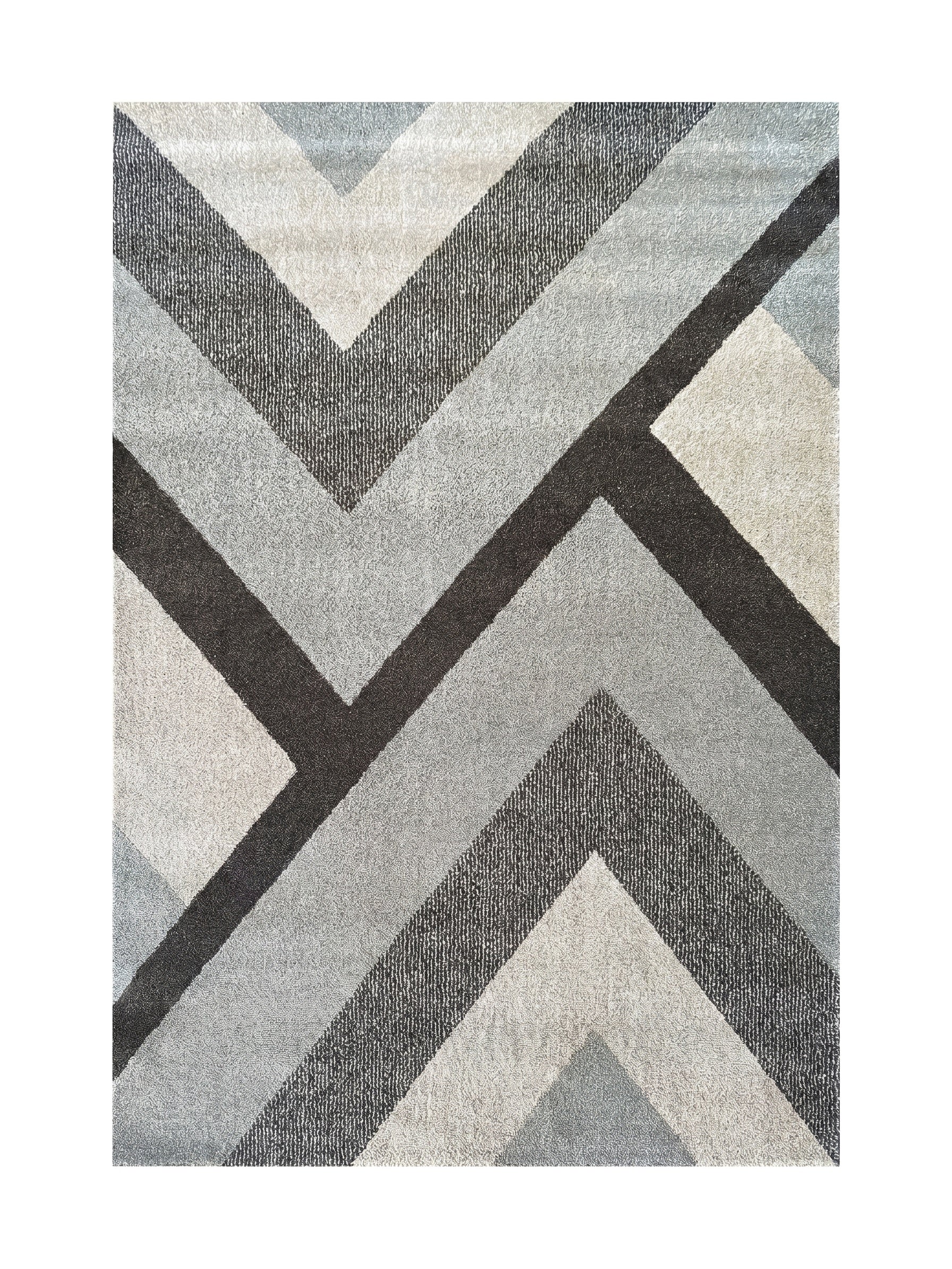 Tapis texturé aux motifs géométriques en zigzag, présentant des bandes en tons de gris clair, gris foncé et beige