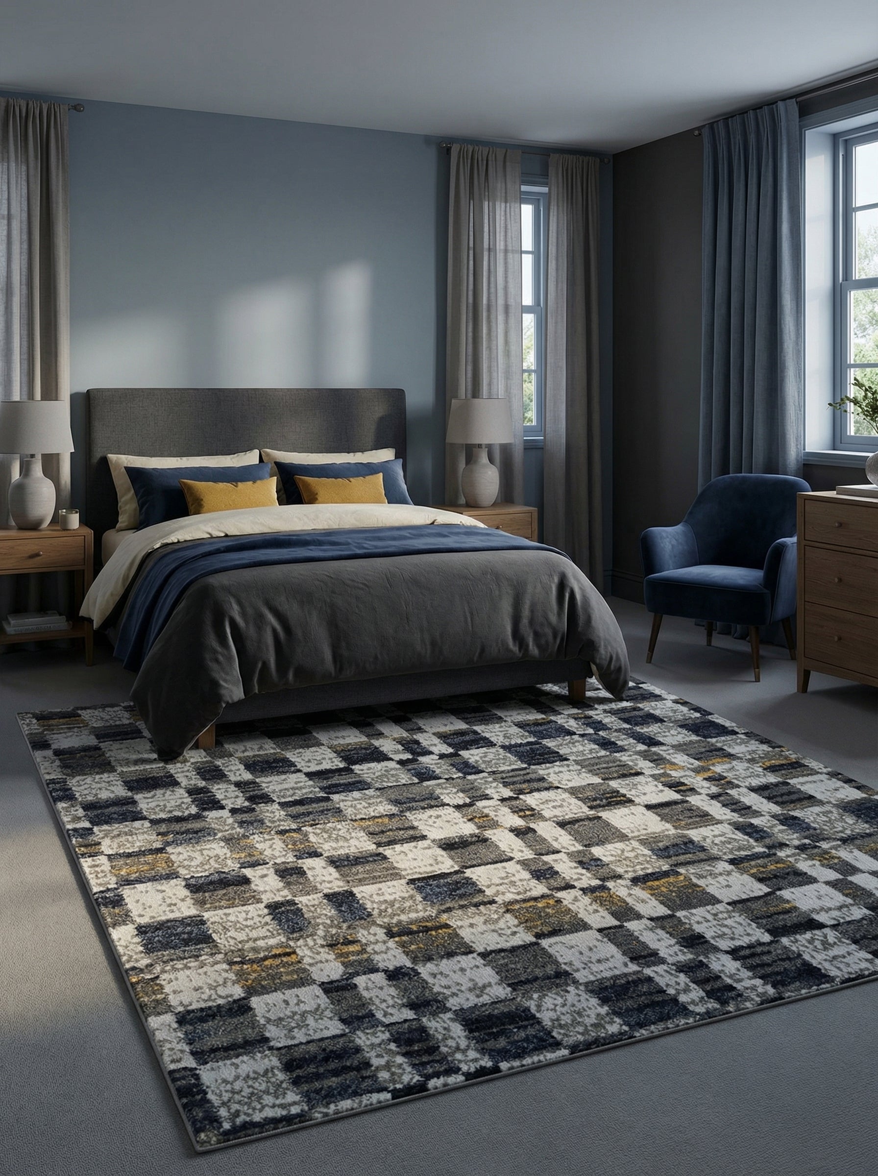 Tapis rectangulaire à motifs abstraits de blocs, blanc cassé, bleu marine, gris et jaune moutarde, dans une chambre au style moderne