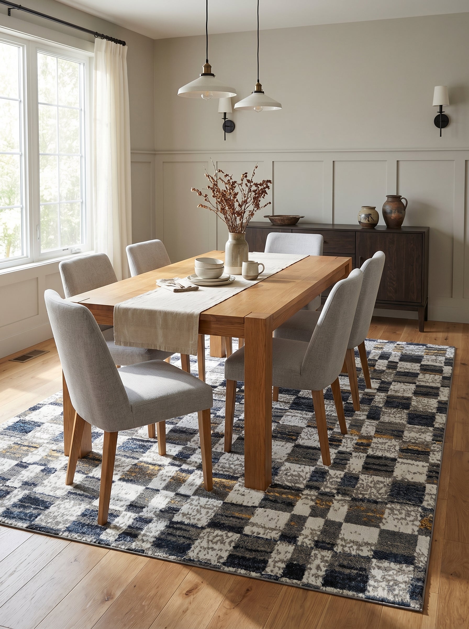 Tapis rectangulaire aux motifs abstraits gris, bleu marine, blanc cassé et touches dorées, dans une salle à manger