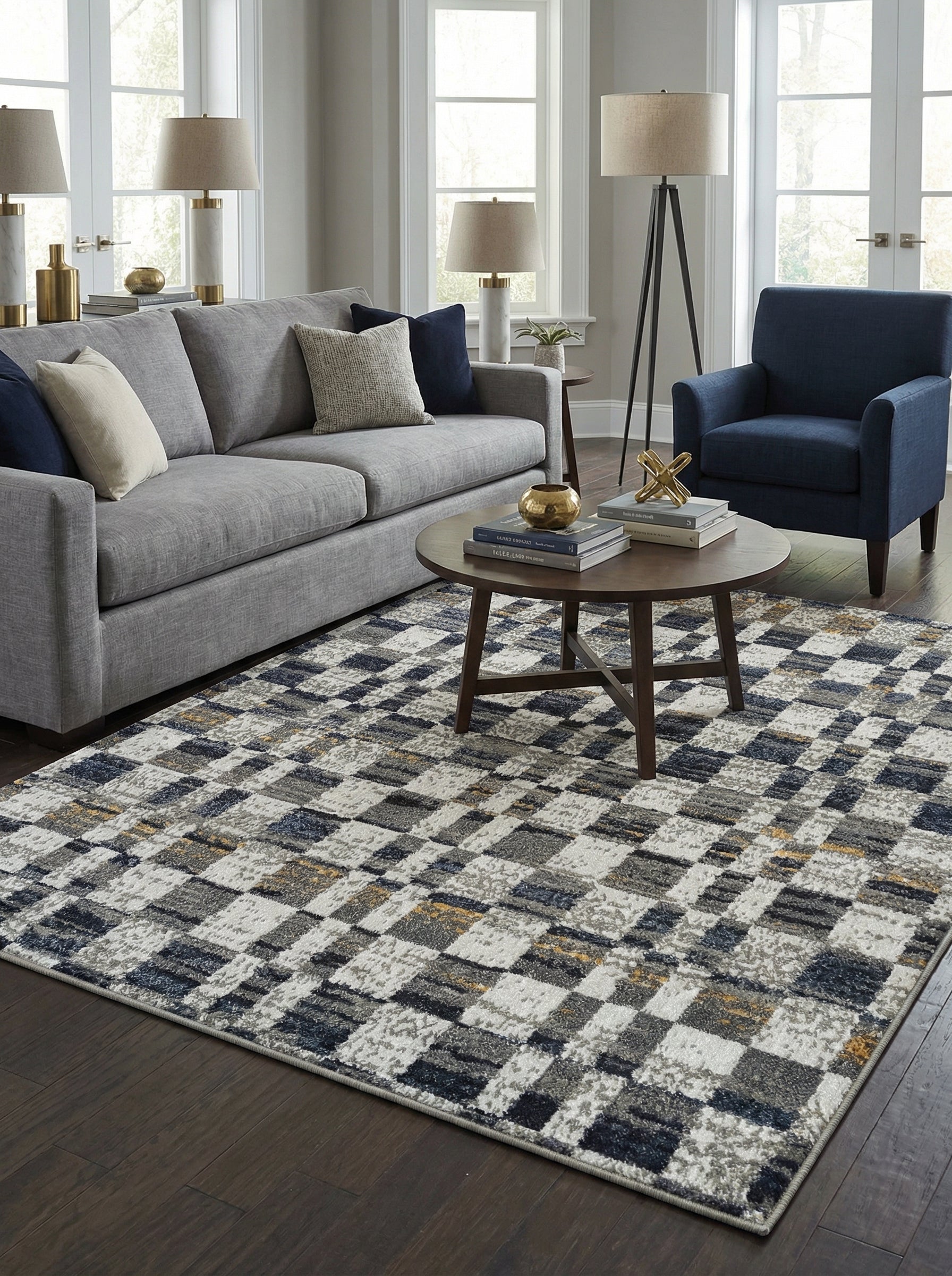 Tapis rectangulaire à motifs de carreaux irréguliers blancs, gris, bleu marine et dorés, à la texture patinée, dans un salon moderne