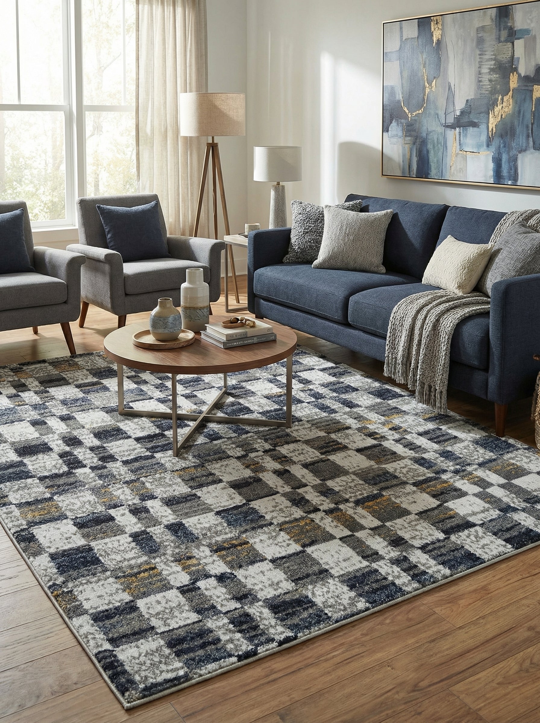 Grand tapis rectangulaire à motifs de blocs gris, bleu marine et dorés, avec une texture douce, dans un salon contemporain