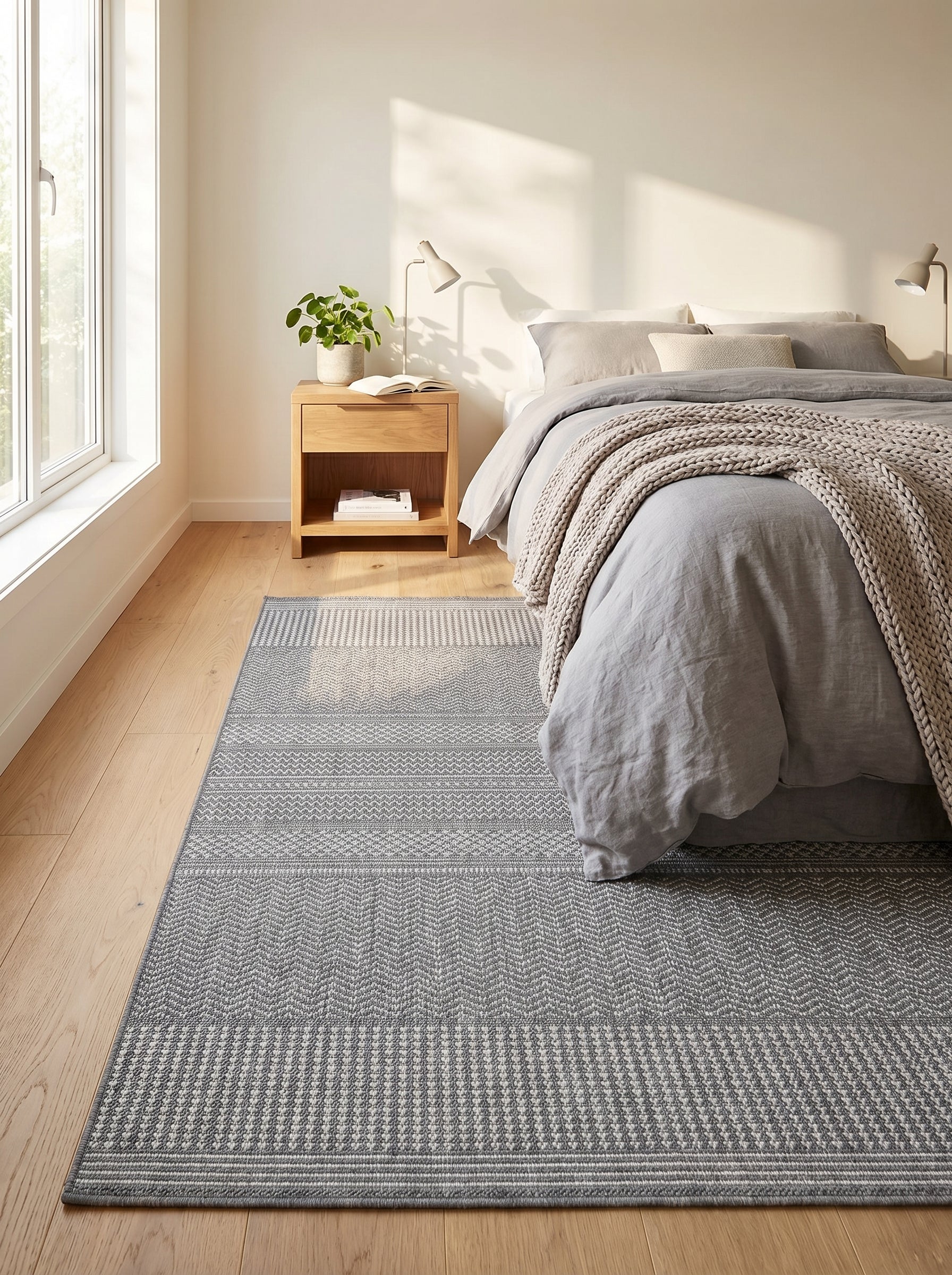 Tapis rectangulaire gris anthracite et écru aux motifs géométriques variés, dont chevrons. Il est posé dans une chambre lumineuse