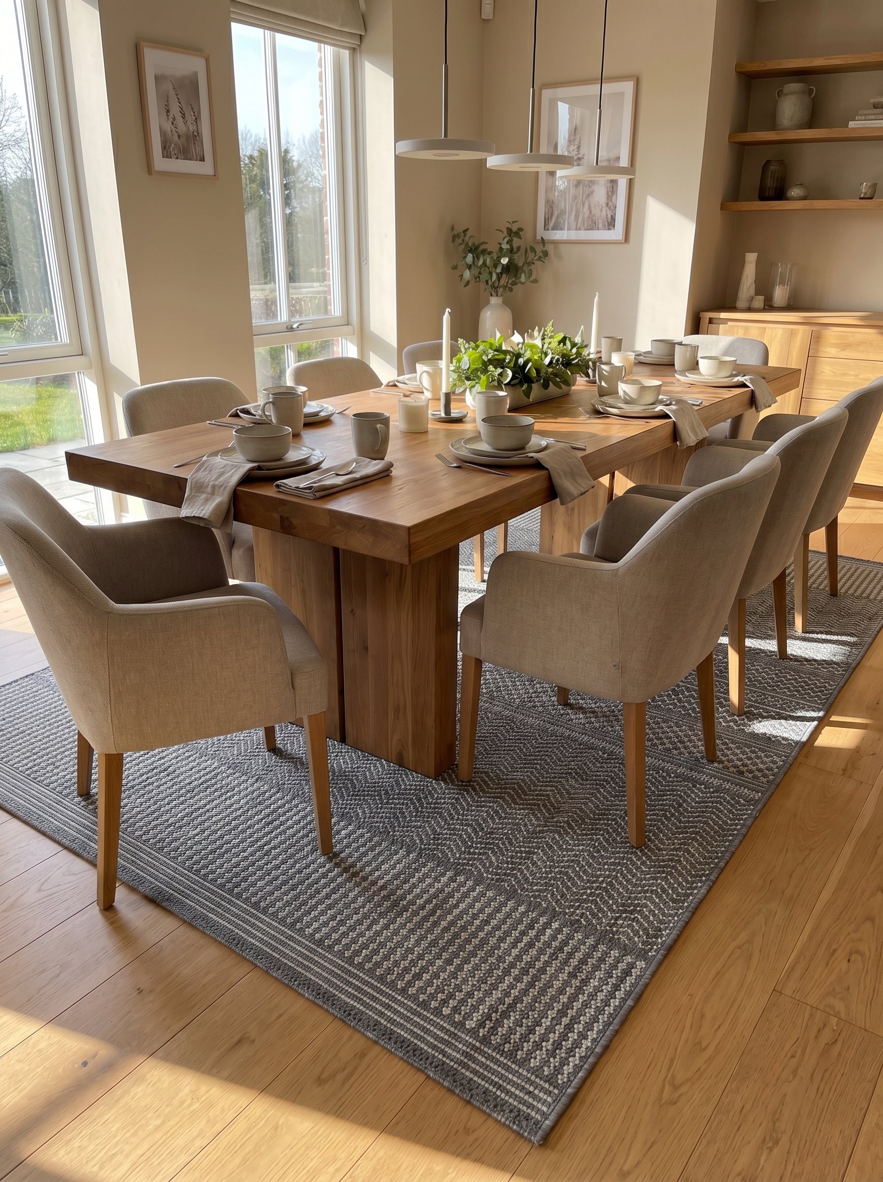 Tapis rectangulaire tissé gris foncé et clair à motifs chevrons et bordures rayées, sous une table de salle à manger