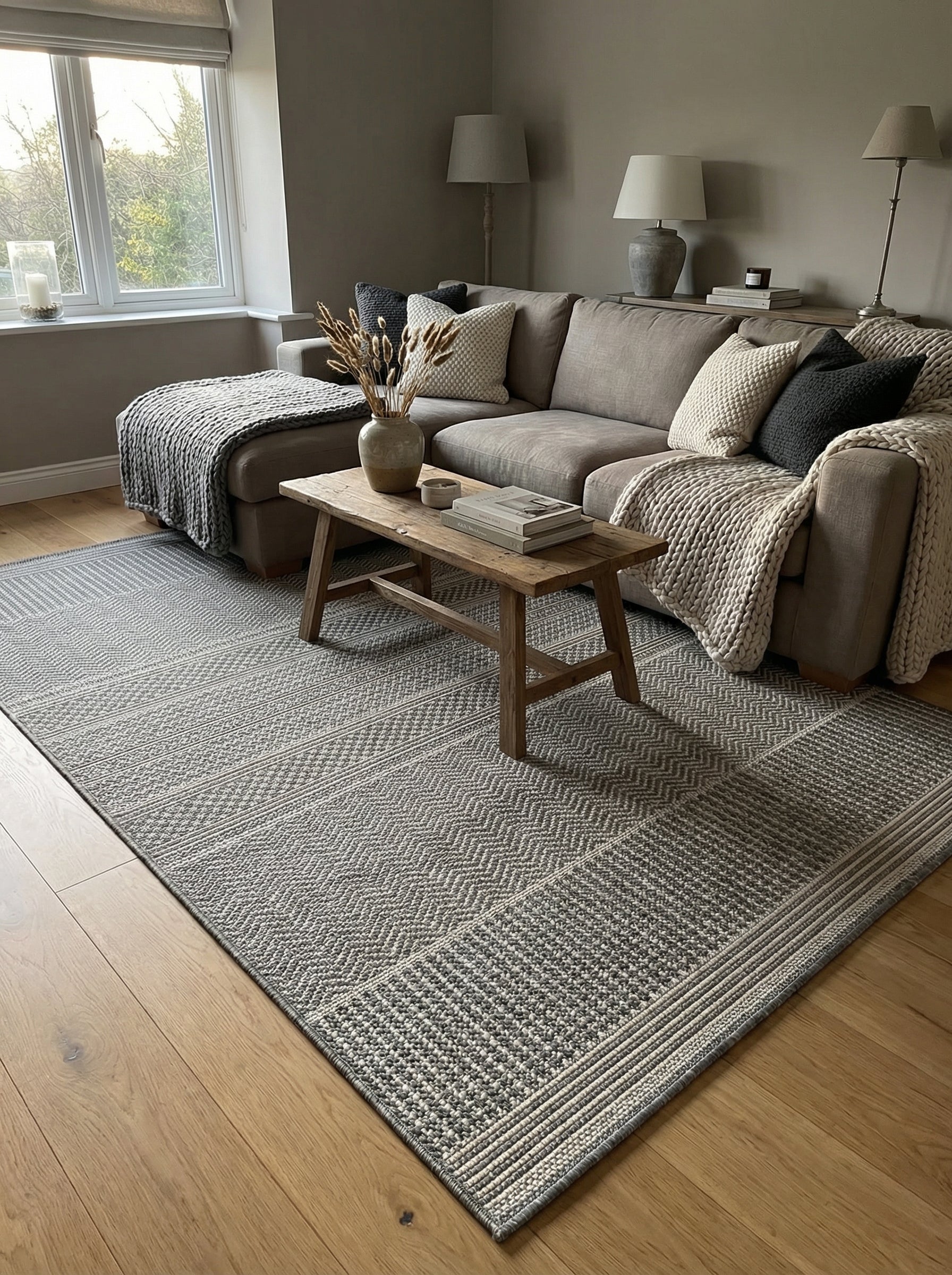 Tapis tissé rectangulaire gris et crème aux motifs géométriques chevrons et rayures, posé sur un parquet dans un salon chaleureux