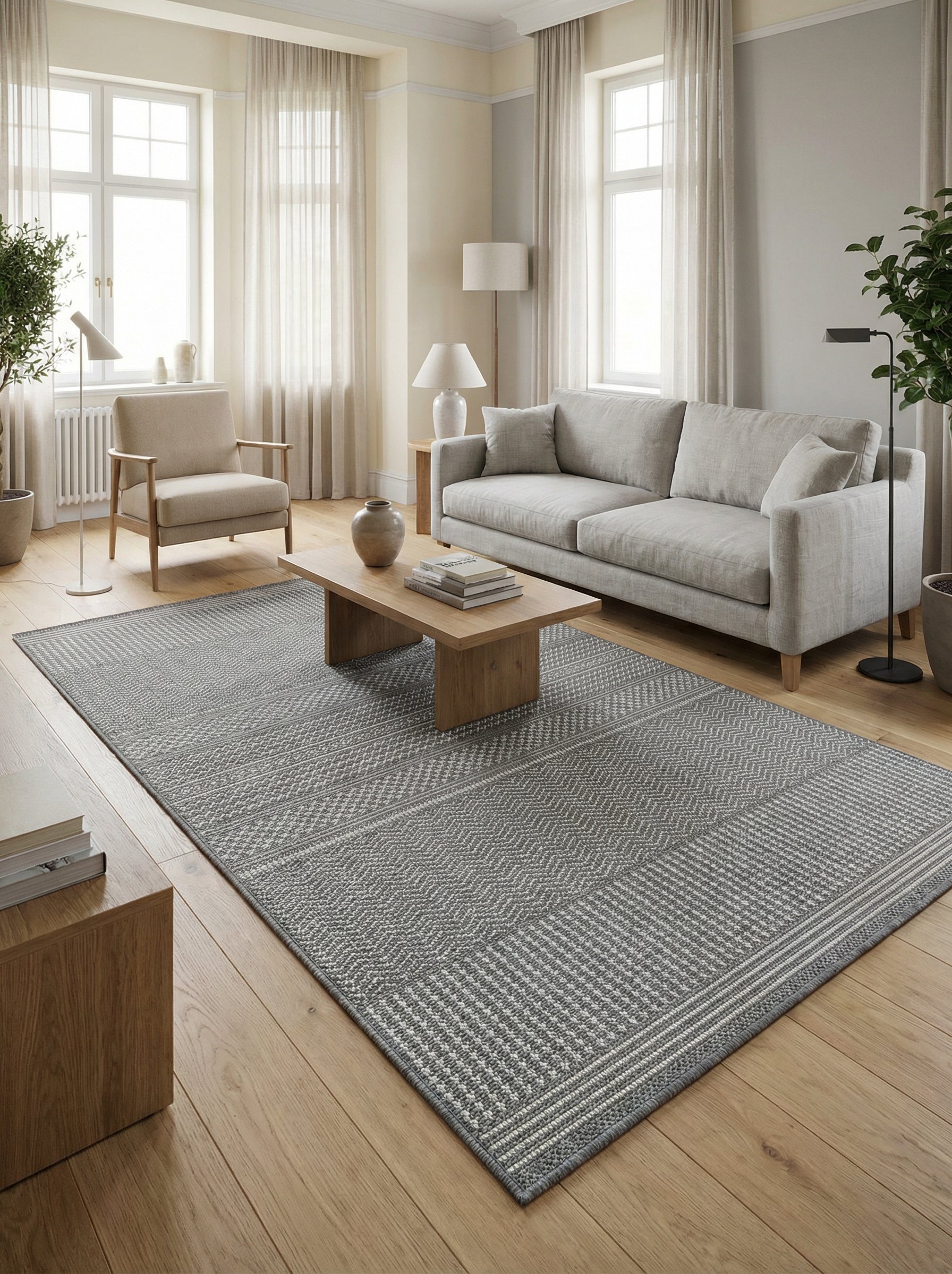 Tapis rectangulaire gris et blanc aux motifs tissés en bandes alternant chevrons, lignes et formes géométriques, dans un salon lumineux