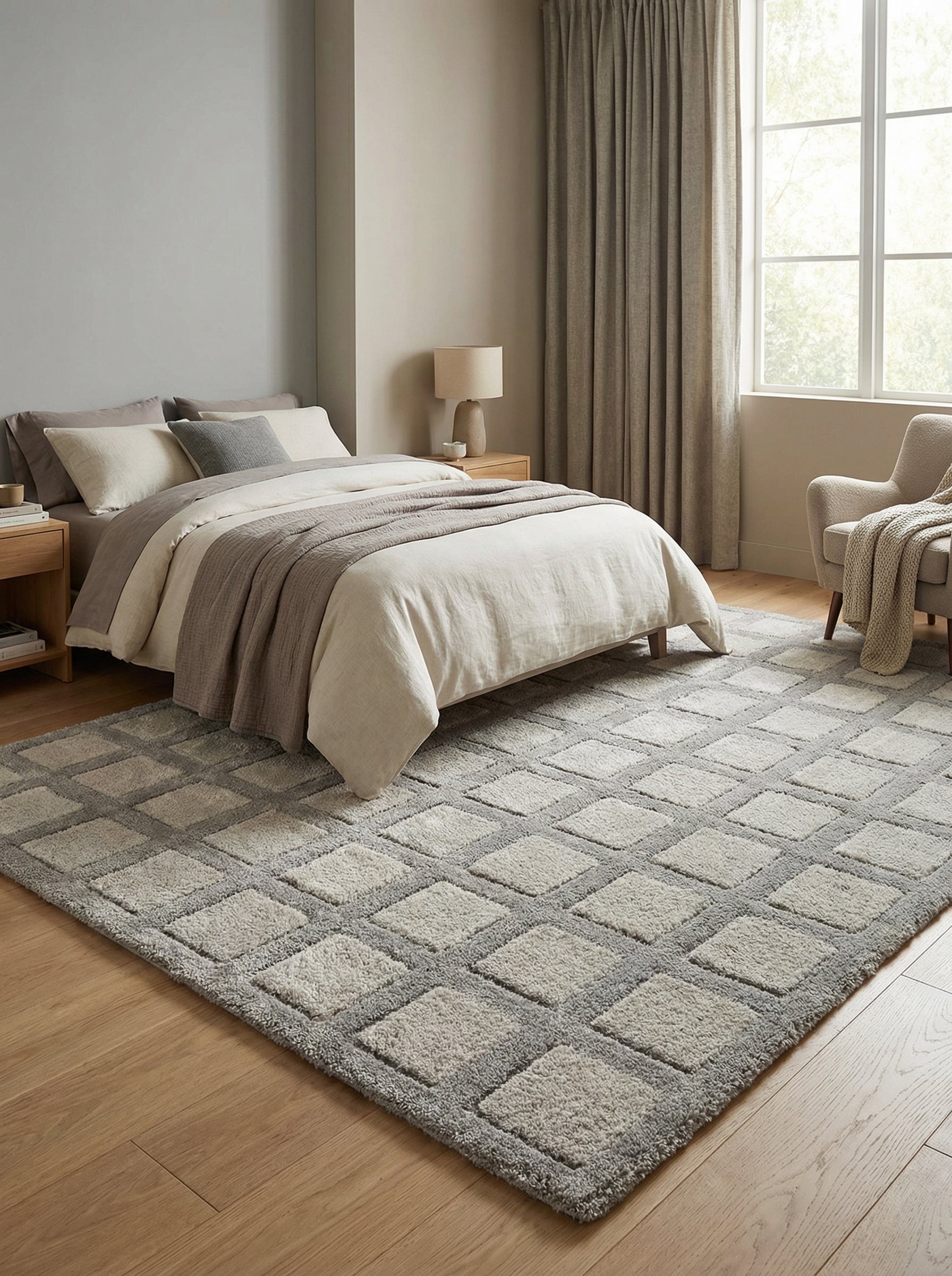 Tapis rectangulaire gris clair et foncé à motifs de carreaux en relief, texture moelleuse, posé sur un parquet dans une chambre