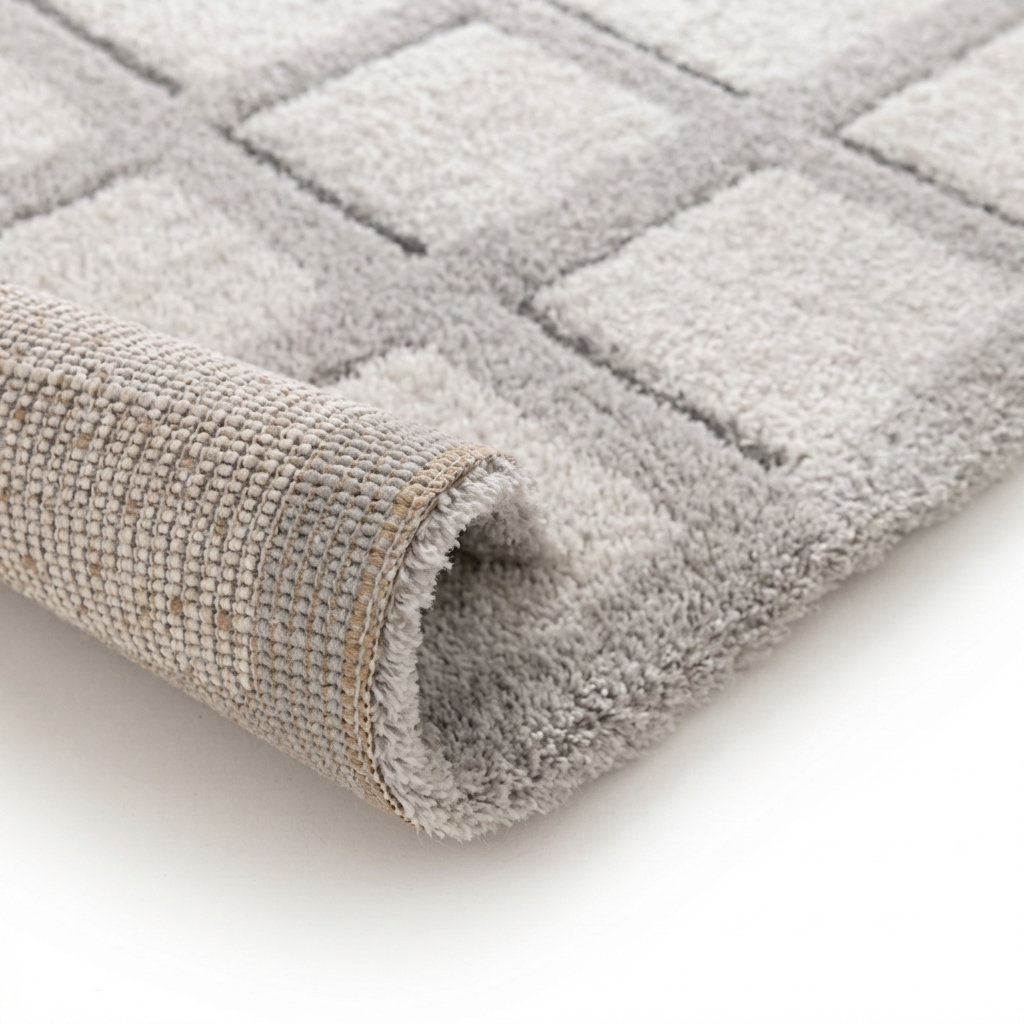 Gros plan sur un tapis gris moelleux avec un motif de carrés, partiellement roulé pour montrer son envers tissé
