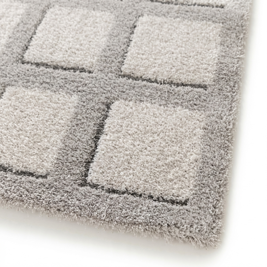 Tapis moelleux à poils longs avec un motif de carrés en relief, alternant gris et beige clair
