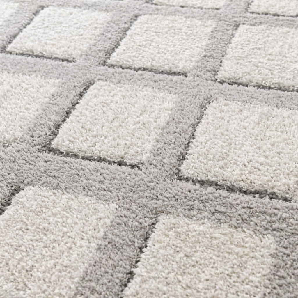 Tapis à poils longs avec un motif de grands carrés crème définis par un quadrillage gris