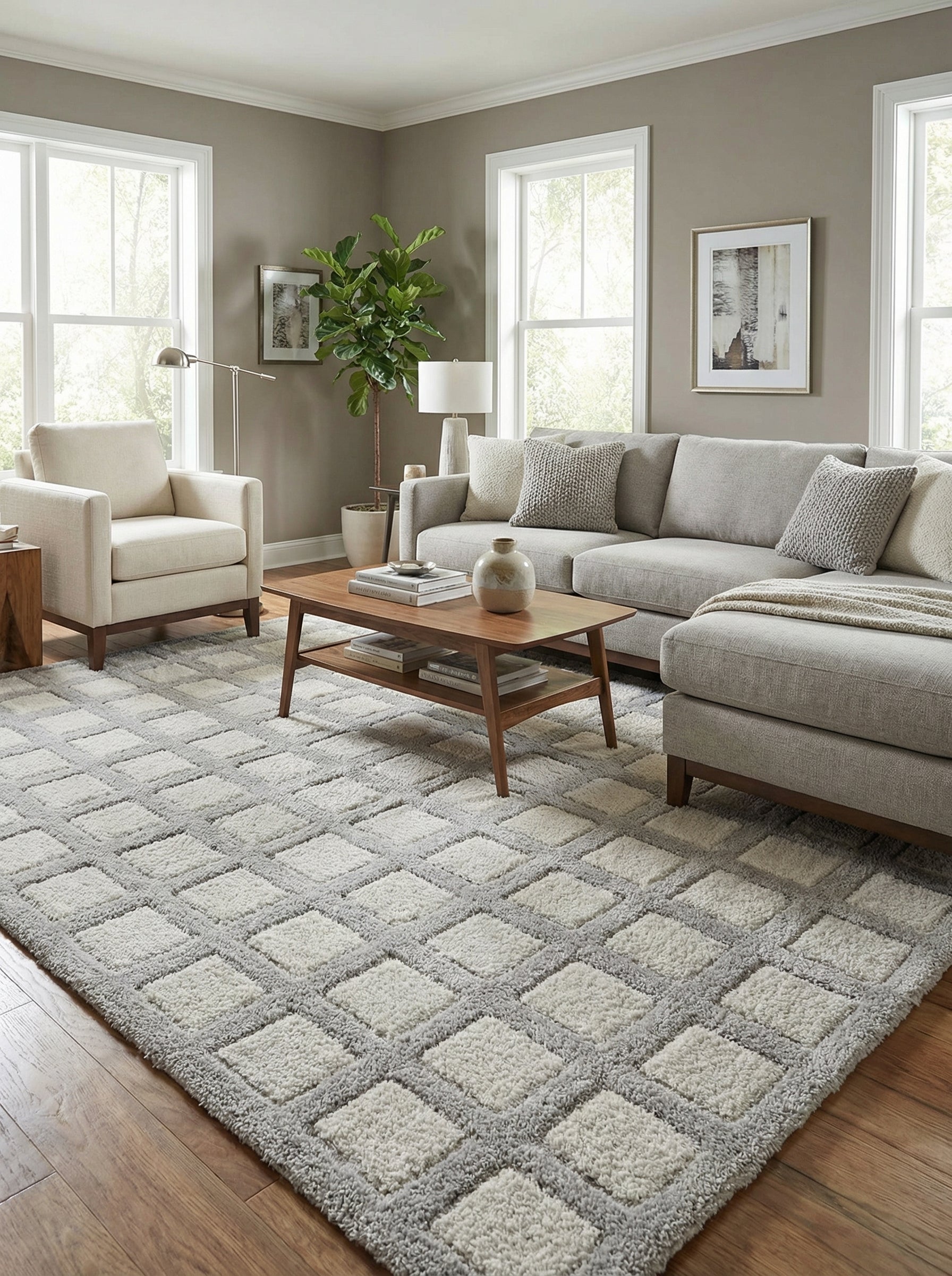 Tapis rectangulaire moelleux gris et crème avec un motif de carreaux en relief, posé sur un parquet dans un salon lumineux