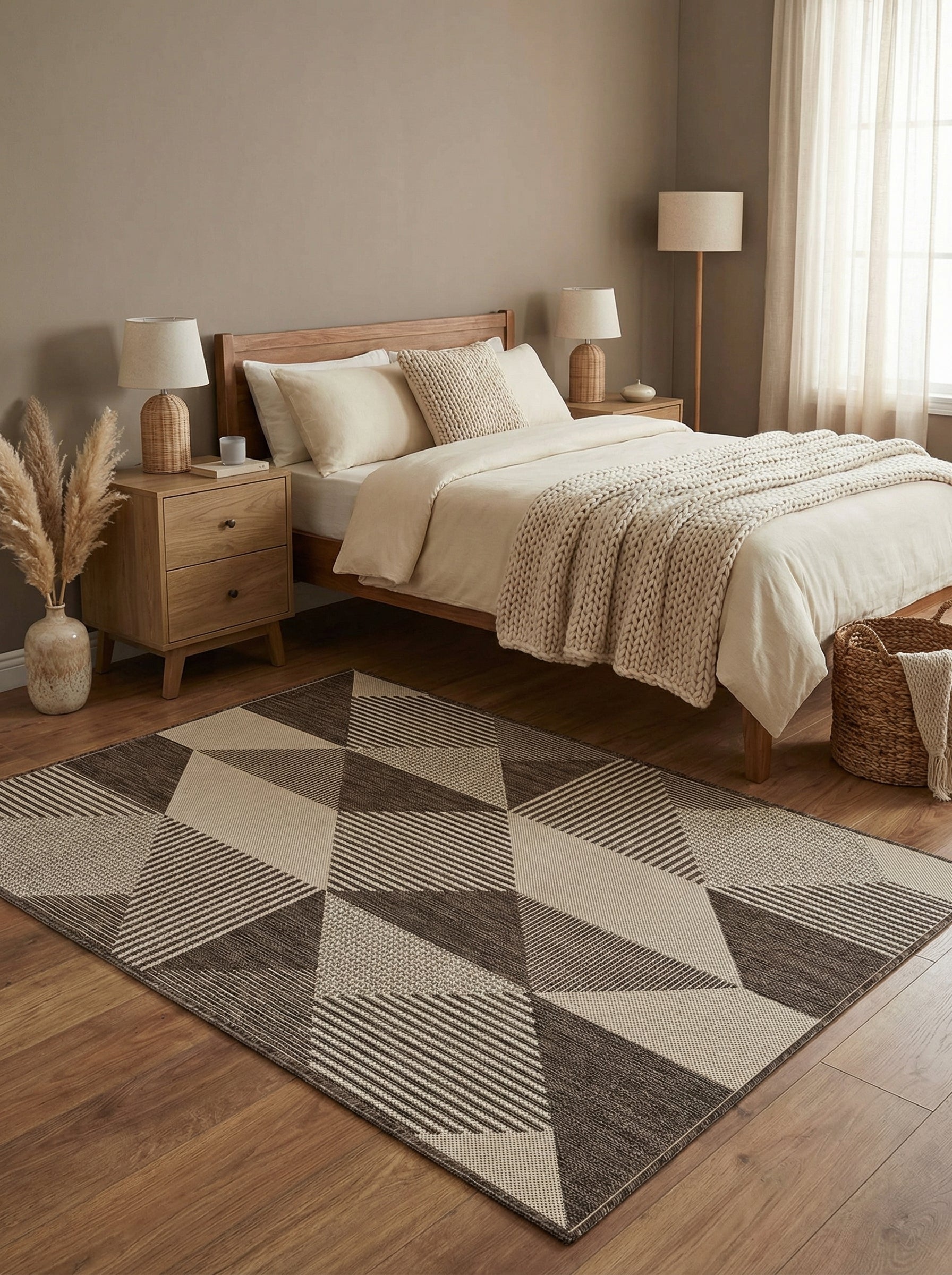 Tapis rectangulaire aux motifs géométriques marron clair et foncé avec des rayures et textures variées, posé dans une chambre