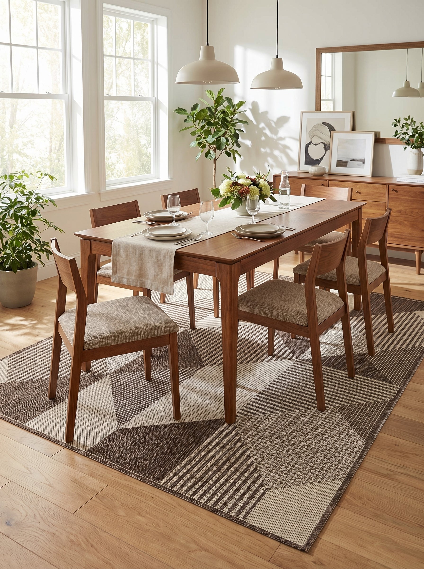 Tapis rectangulaire aux motifs géométriques de triangles et de rayures, en teintes de marron foncé et beige clair texturé, dans une salle à manger