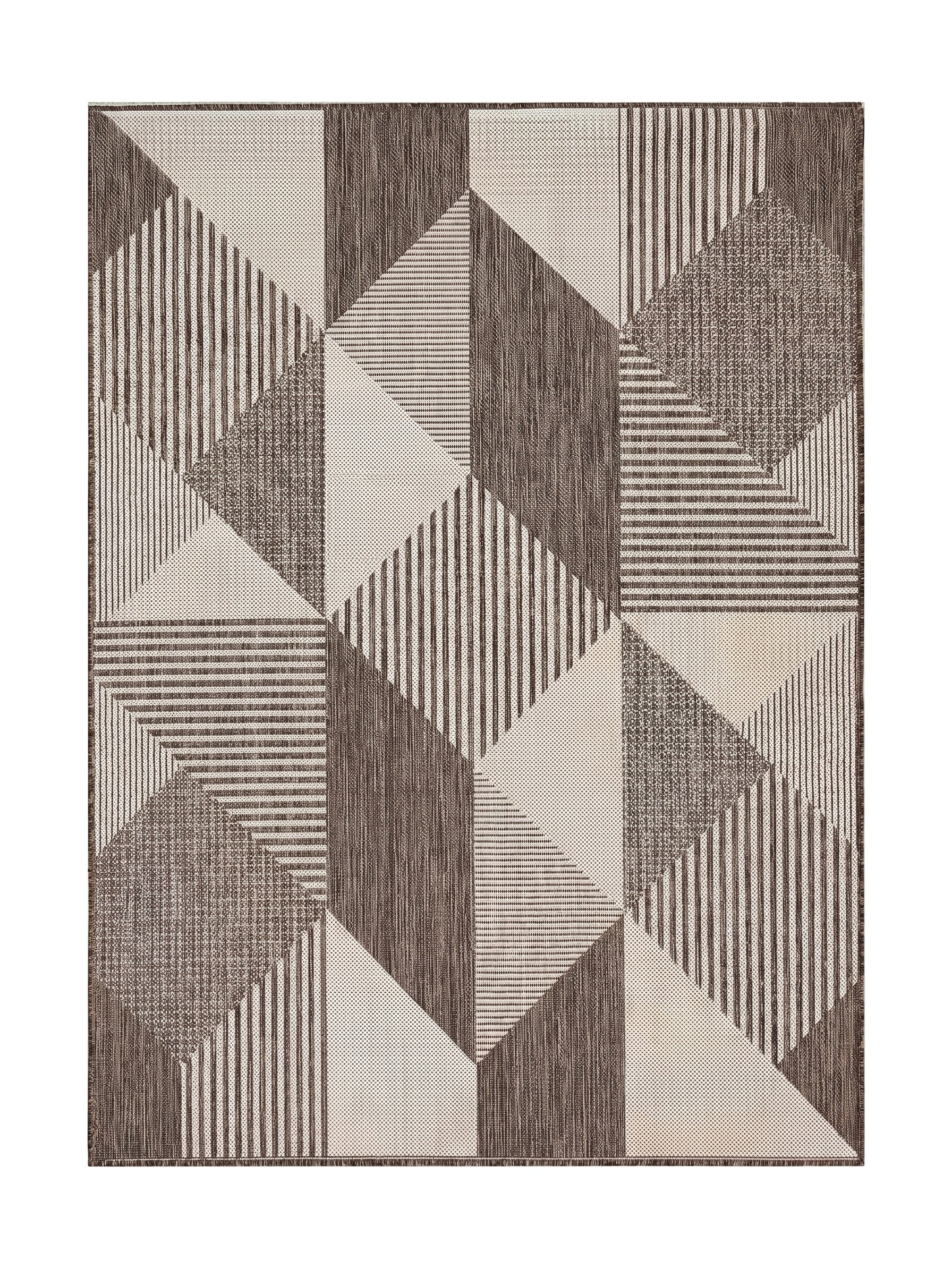 Tapis aux motifs géométriques marron et beige clair, composé de formes variées avec des textures tissées différentes