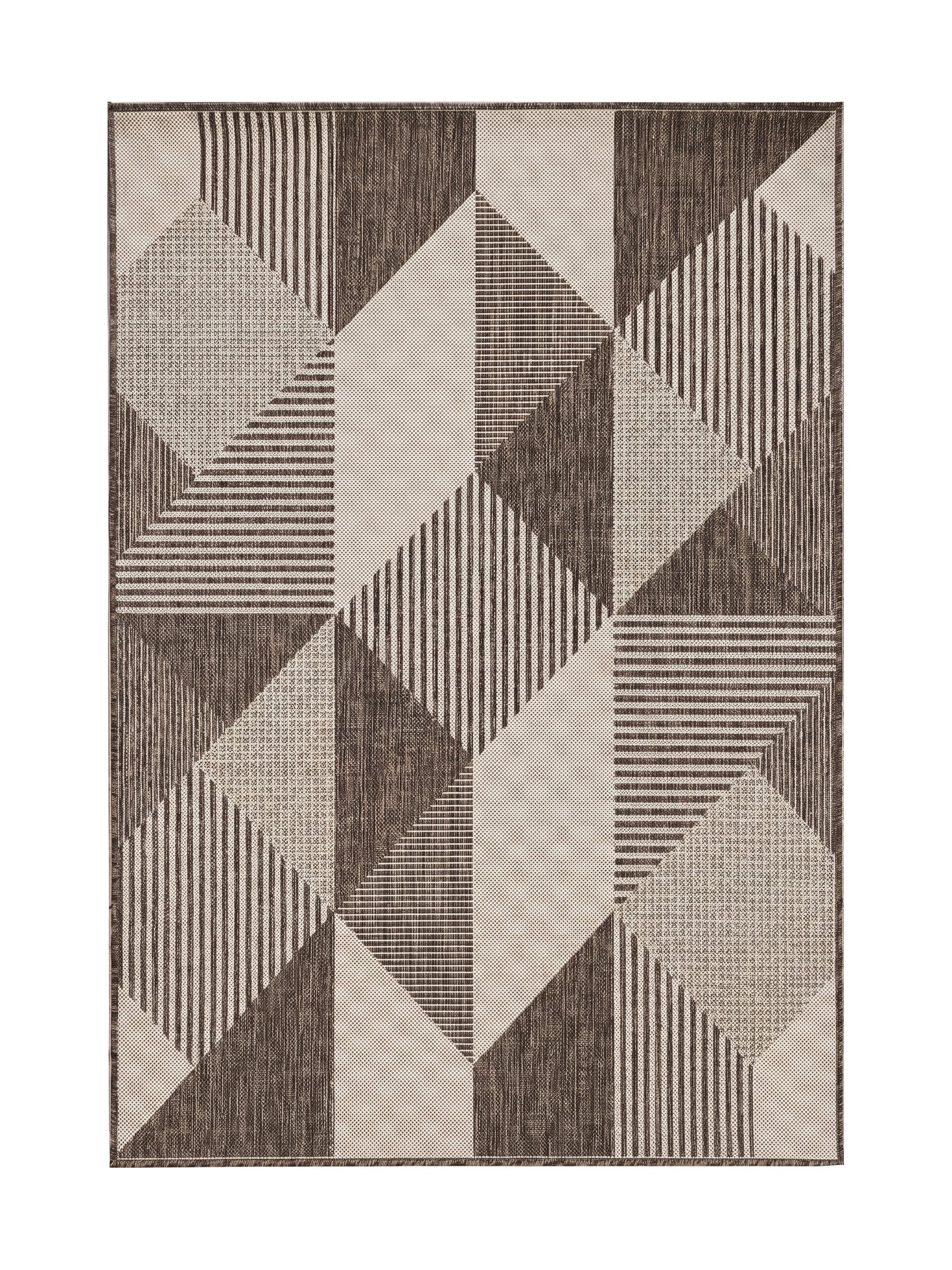 Tapis rectangulaire aux motifs géométriques marron foncé, marron clair et beige, avec des zones unies, rayées ou pointillées