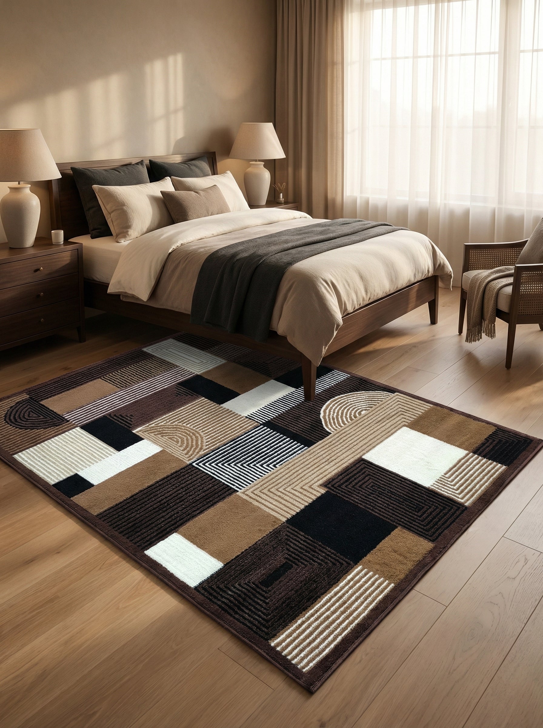 Tapis rectangulaire aux motifs géométriques marron, beige, noir et blanc, posé sur un parquet dans une chambre lumineuse