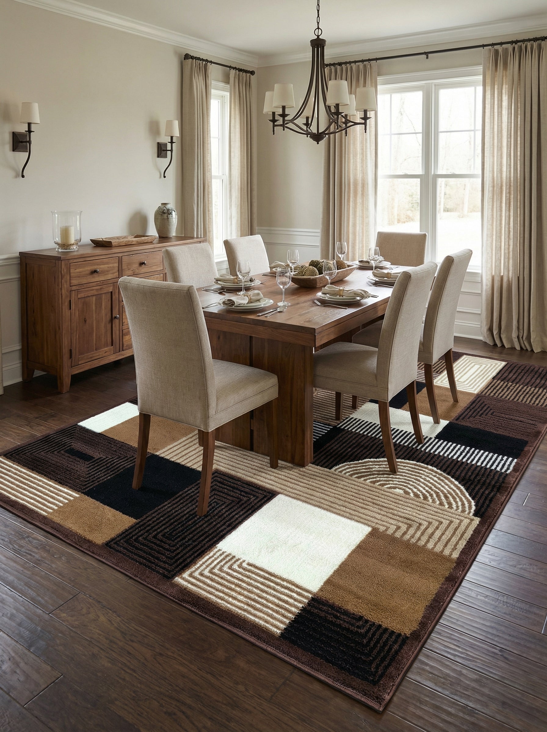 Tapis rectangulaire moderne aux motifs géométriques bruns, noirs et crème, avec des blocs unis et des rayures, sur un parquet de salle à manger