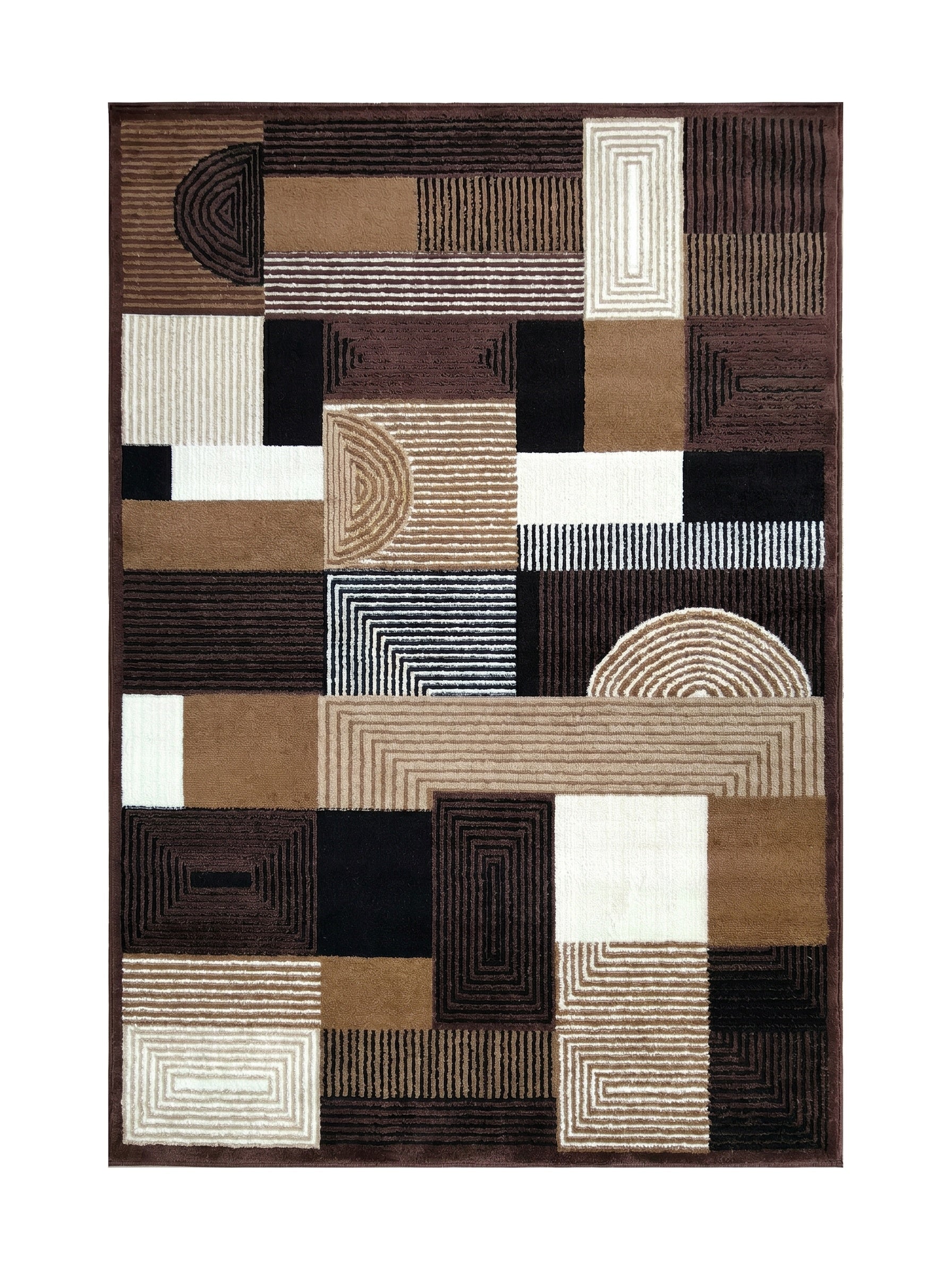 Tapis à motifs géométriques abstraits mélangeant le marron, le beige, le noir et le crème, avec des carrés, des rectangles et des demi-cercles rayés ou pleins