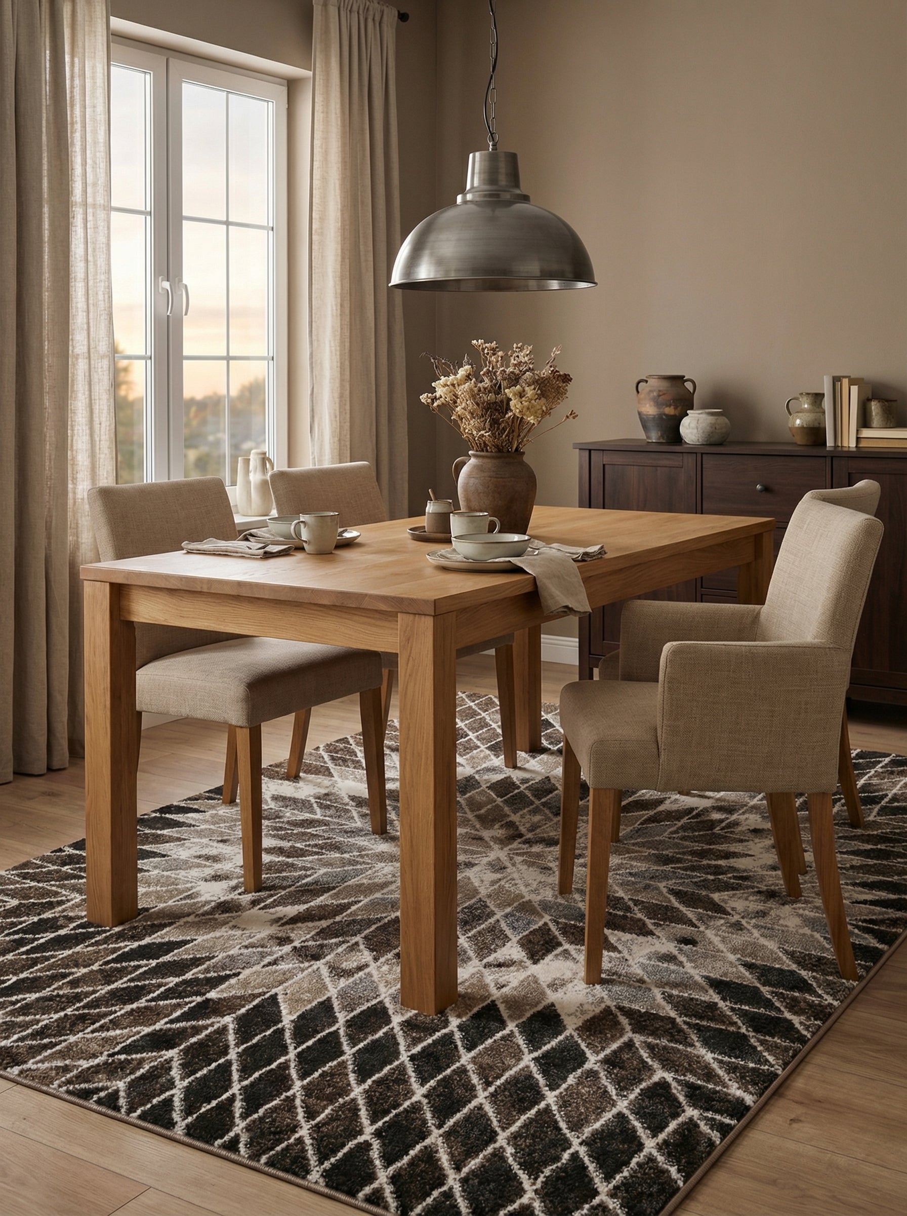 Tapis shaggy rectangulaire à motifs géométriques de losanges irréguliers bruns, noirs et crème, dans une salle à manger