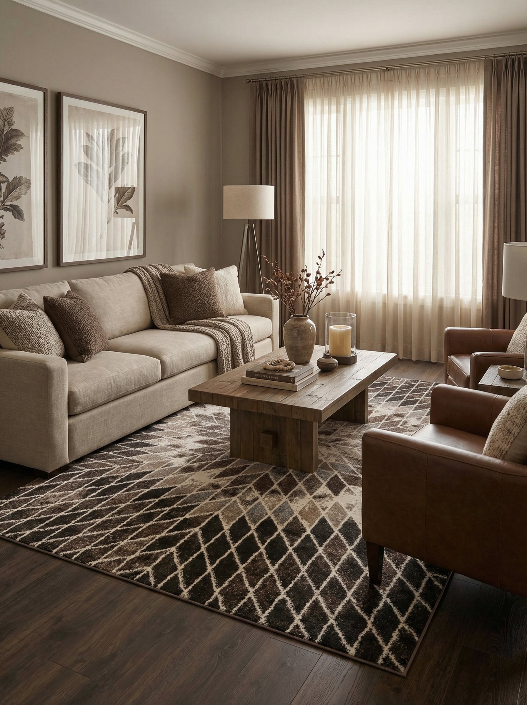 Tapis rectangulaire à losanges géométriques dégradés marron, beige et gris, sur parquet foncé dans un salon élégant