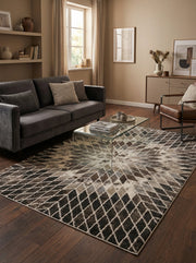 Tapis rectangulaire à motifs de losanges noirs, marrons, gris et beiges, s'éclaircissant vers le centre étoilé d'un salon