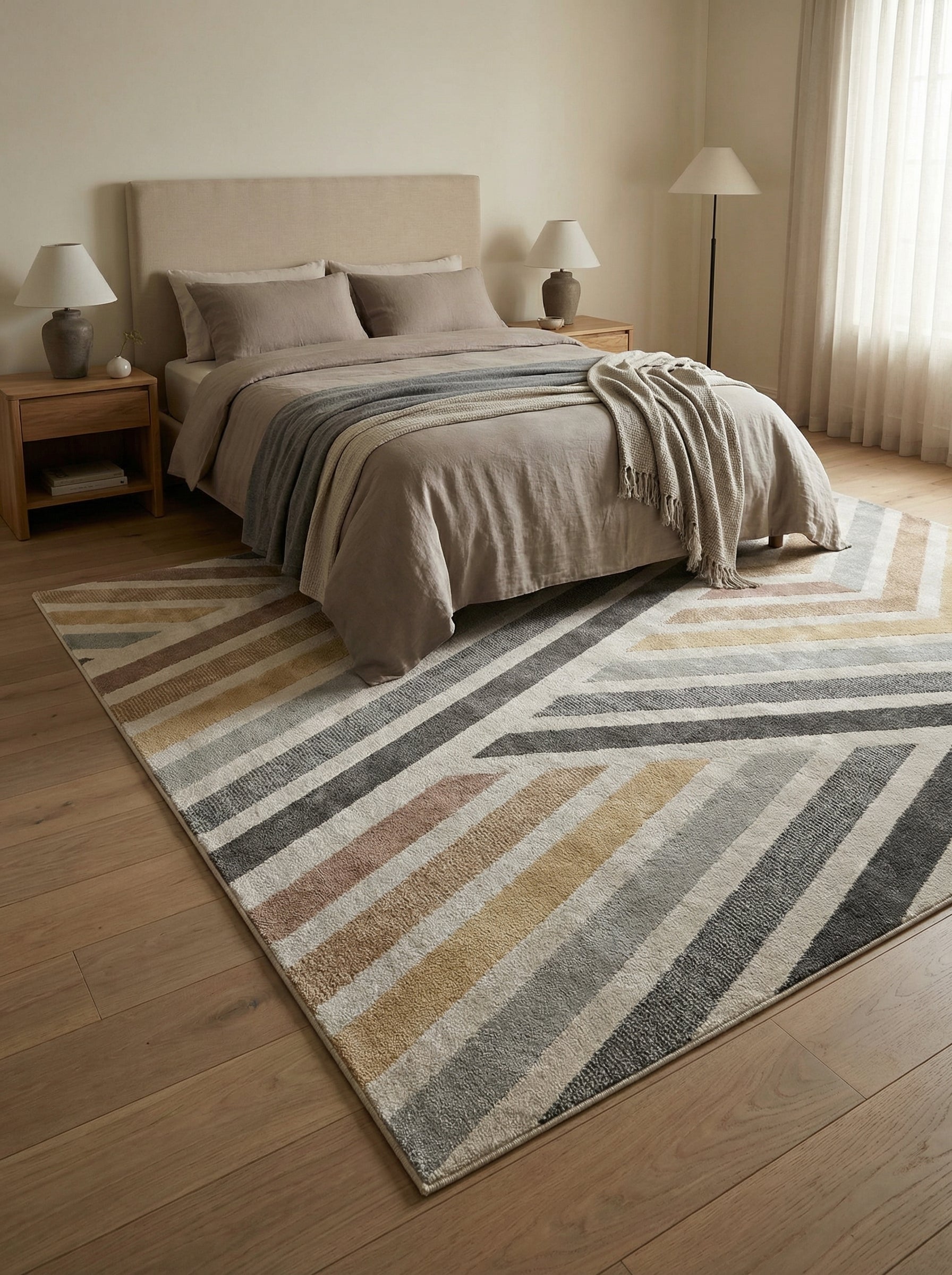 Tapis rectangulaire à motifs géométriques de chevrons diagonaux, aux couleurs beige, gris, terracotta et jaune moutarde, posé dans une chambre