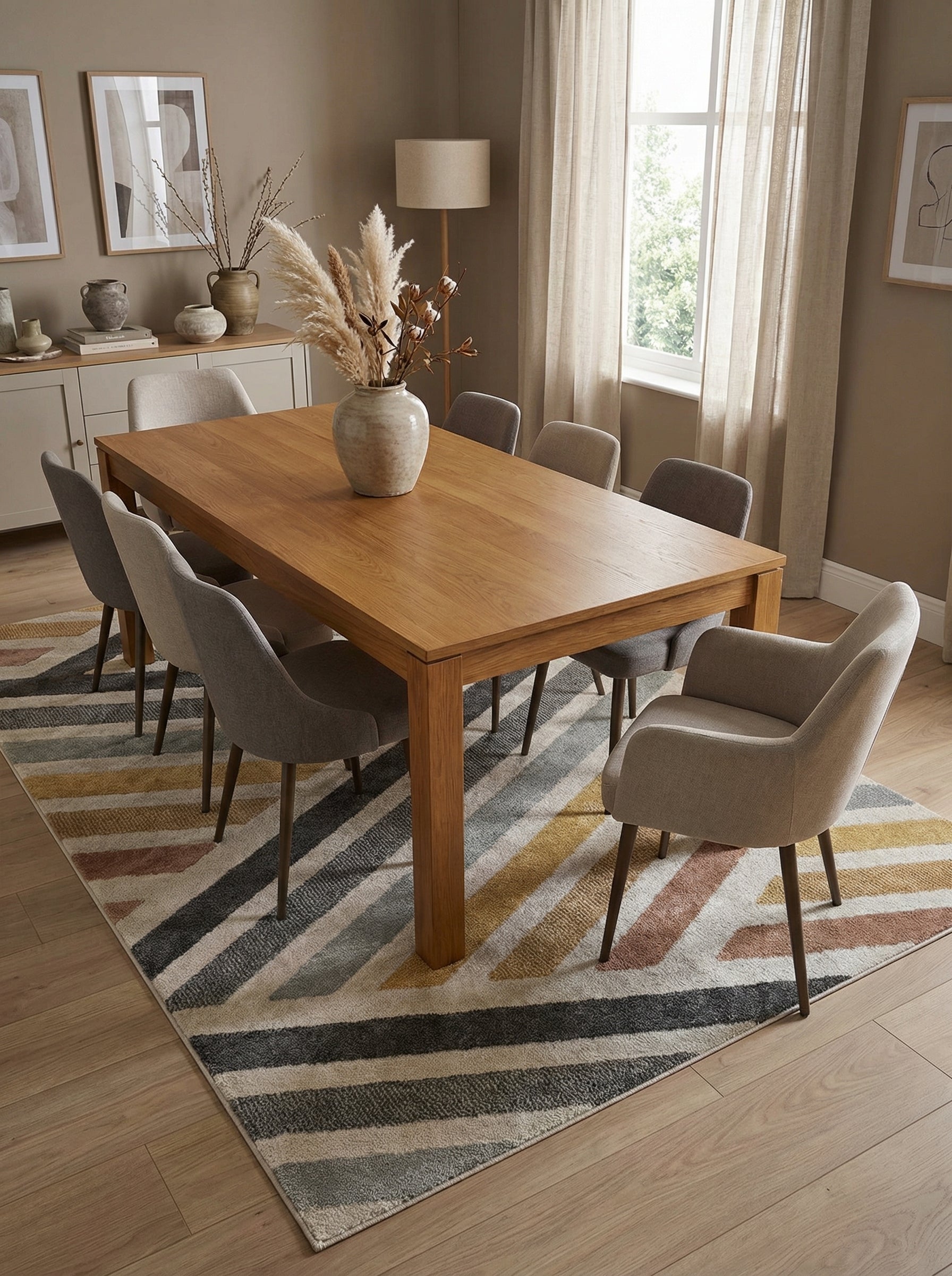Tapis rectangulaire aux motifs de bandes diagonales en zigzag, couleurs beige, gris, jaune moutarde et rose, sous une table de salle à manger