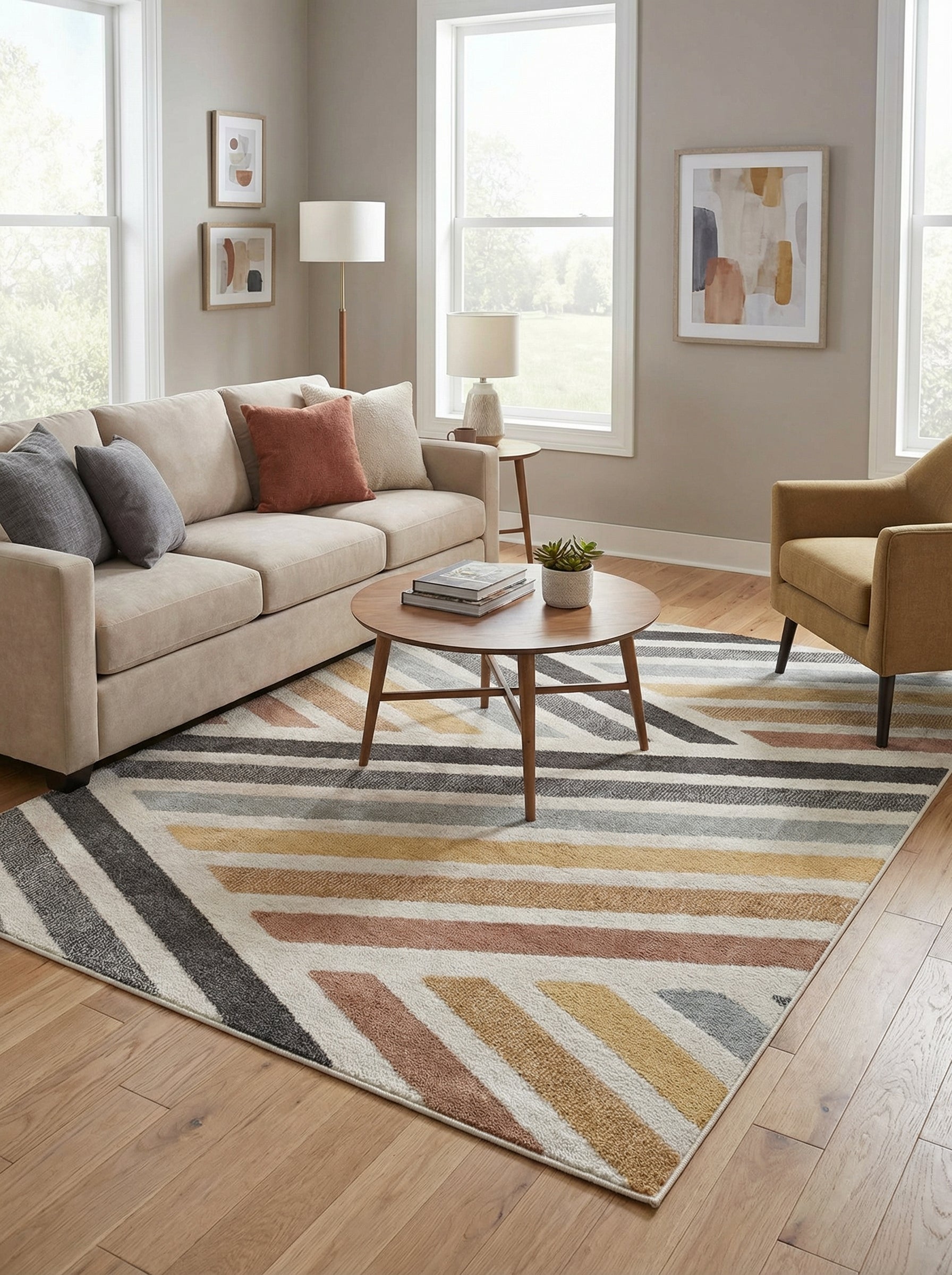 Tapis rectangulaire aux motifs géométriques de bandes diagonales grises, jaunes, terracotta sur fond crème dans un salon