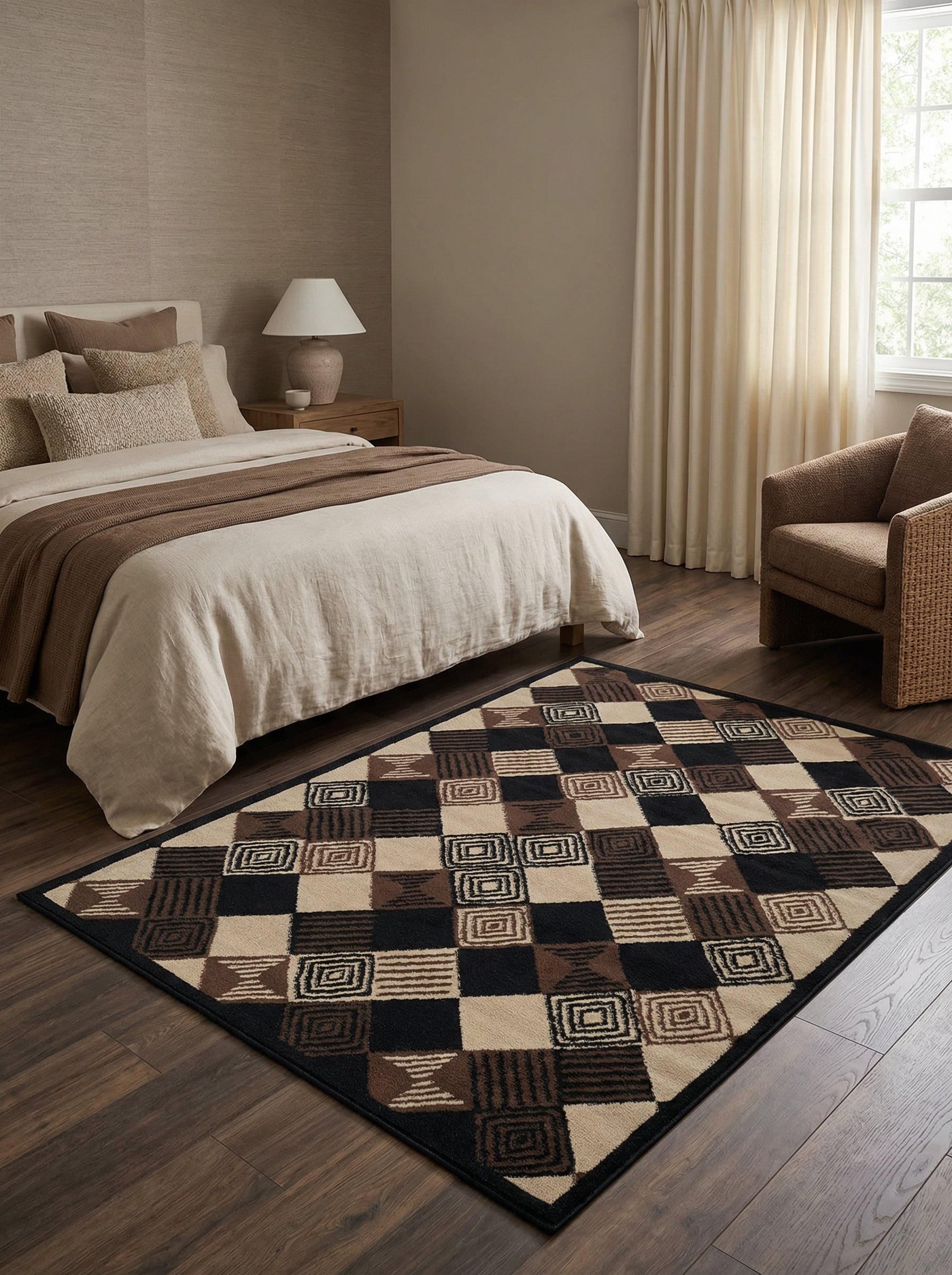 Tapis rectangulaire aux motifs géométriques complexes noirs, beiges et marron en damier, posé sur un parquet dans une chambre