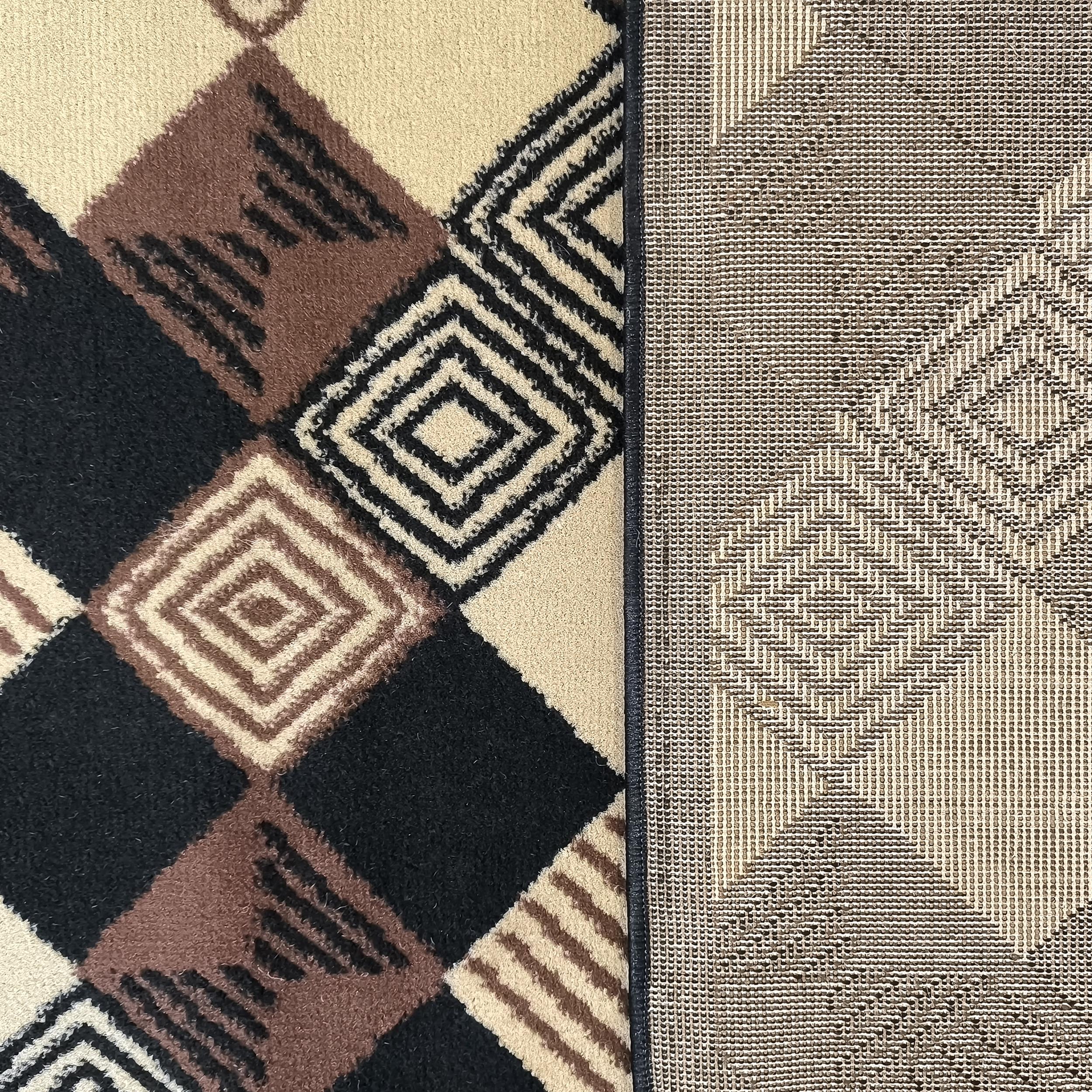 Tapis avec le dessus à motifs de losanges beige, marron et noir, et l'envers tissé beige et marron