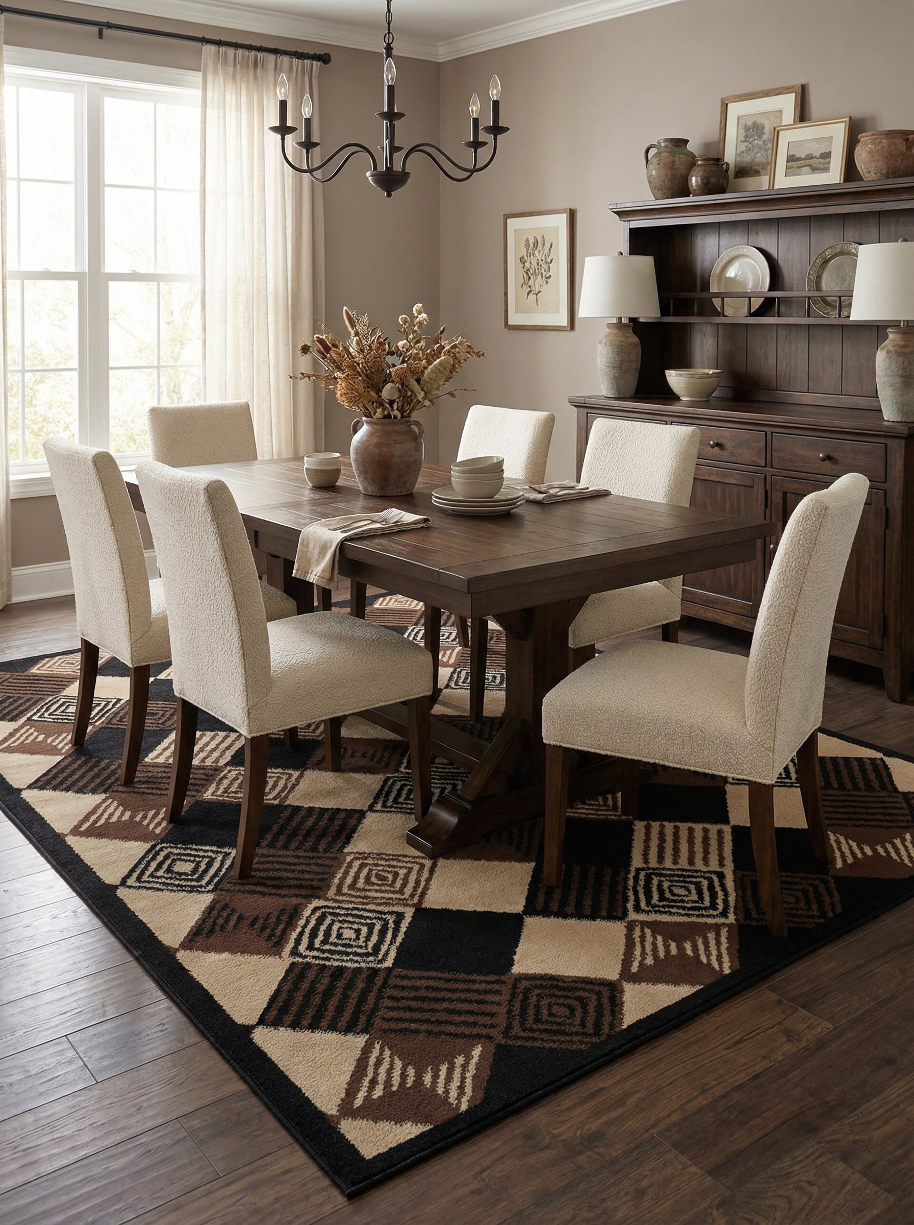Tapis rectangulaire à motifs géométriques de carreaux et triangles marron, beige et noir, dans une salle à manger