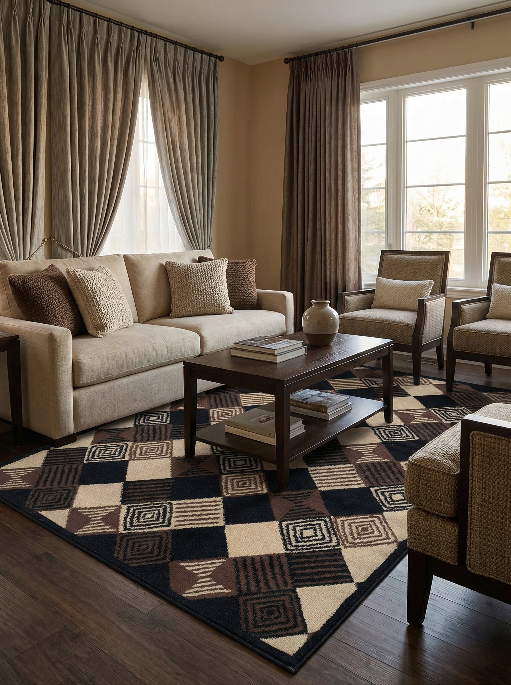Tapis rectangulaire à carreaux géométriques noirs, marron foncé et beiges avec des motifs variés dans un salon