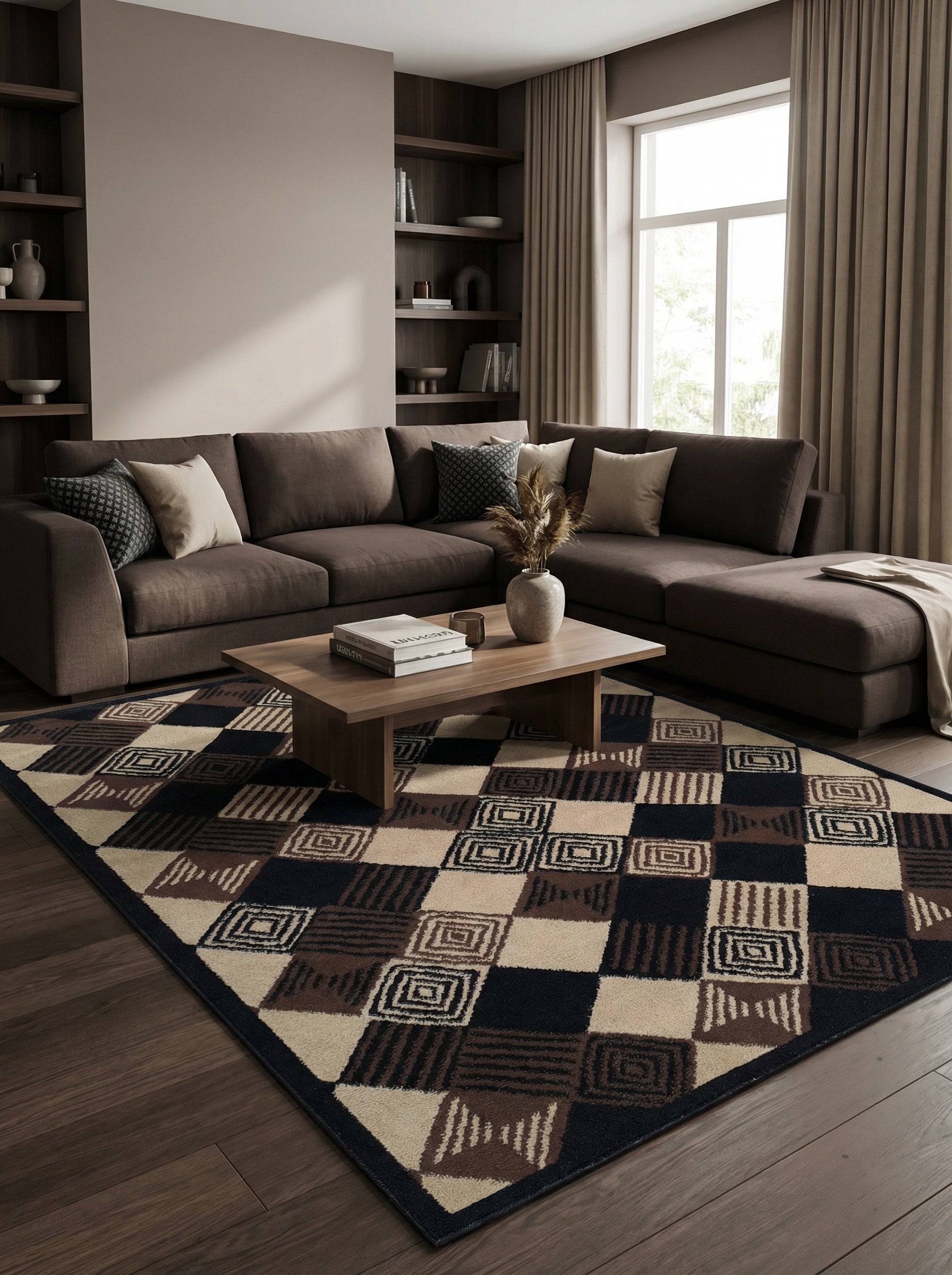 Tapis rectangulaire en damier beige, marron et noir avec des motifs géométriques variés, dans un salon