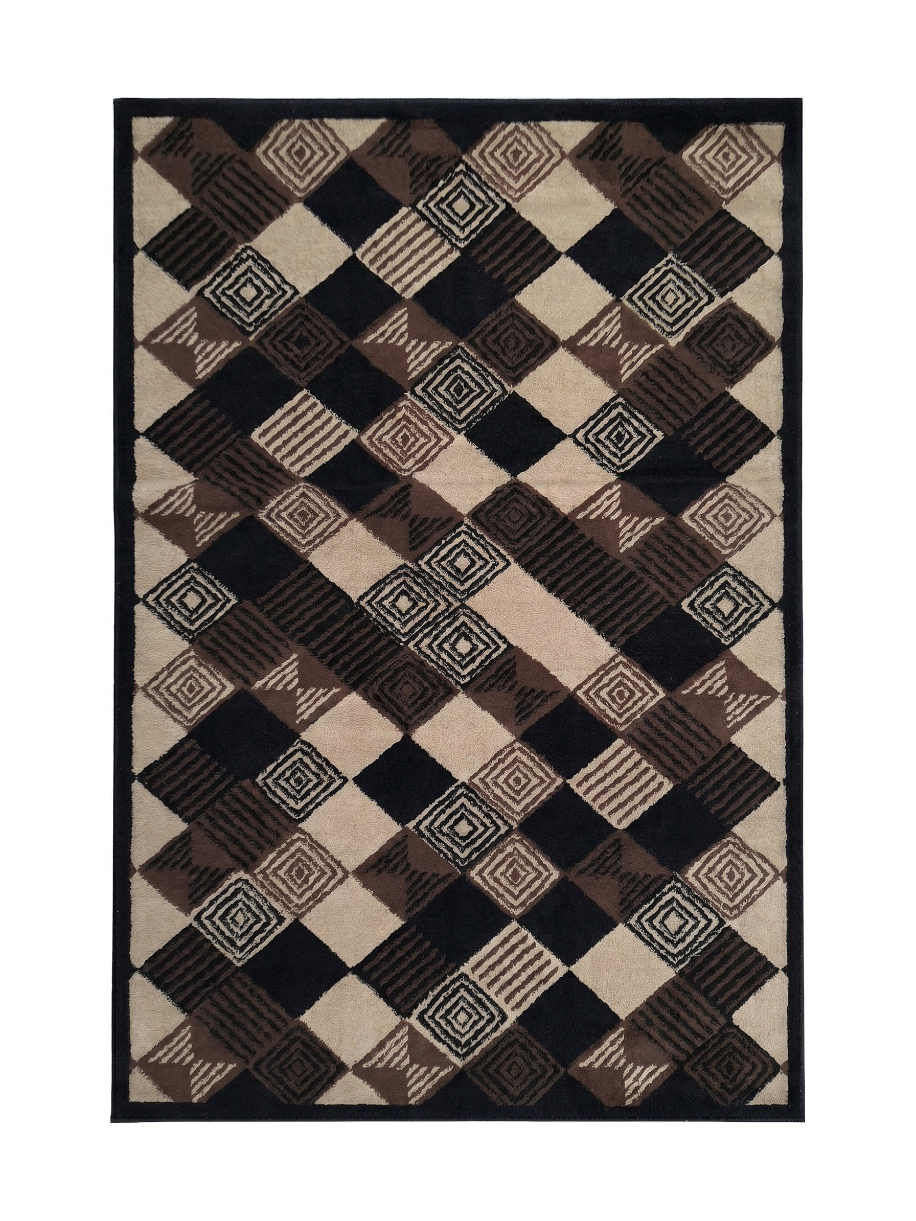 Tapis à motifs géométriques de losanges noirs, marron et beiges, certains unis, d'autres rayés ou avec des losanges concentriques