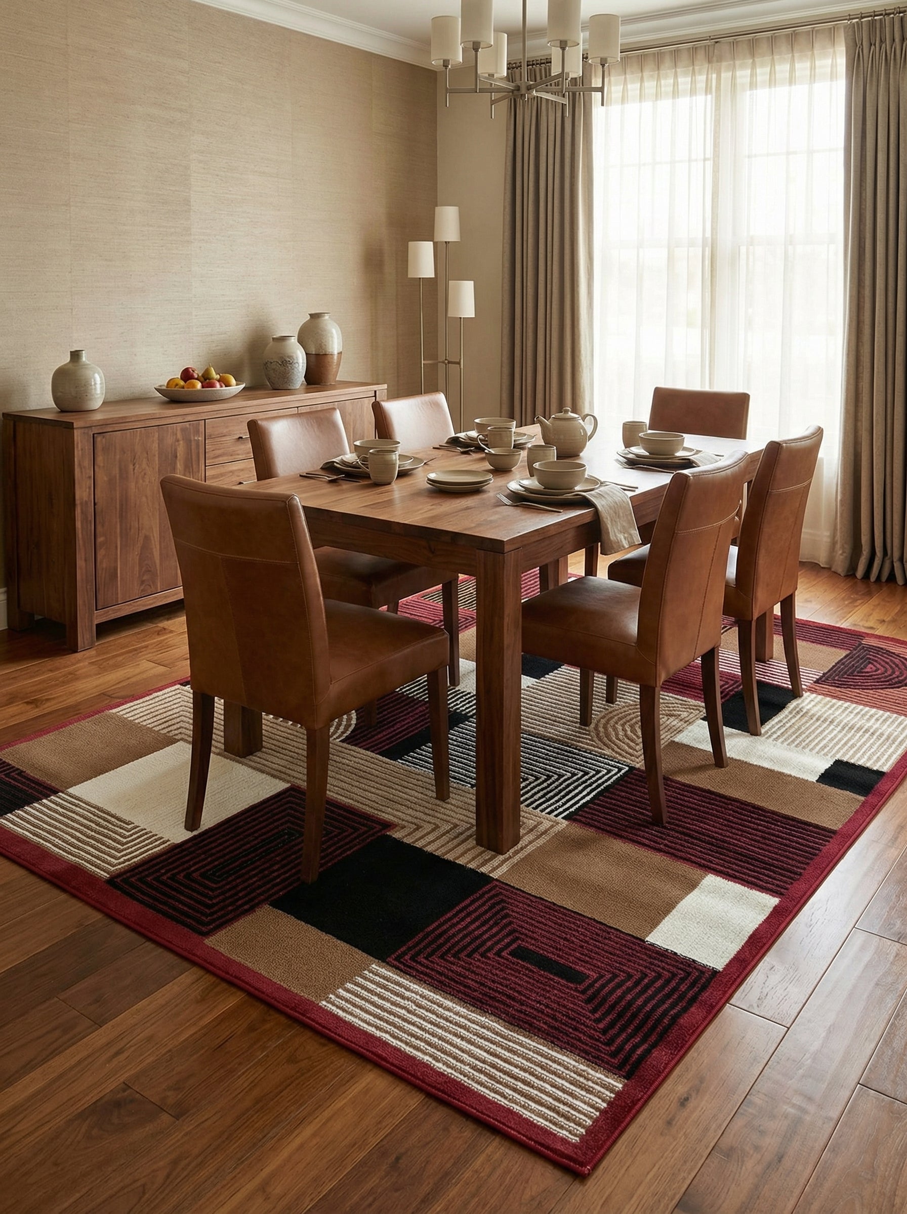 Tapis rectangulaire à motifs géométriques rouge, noir, beige et marron dans une salle à manger