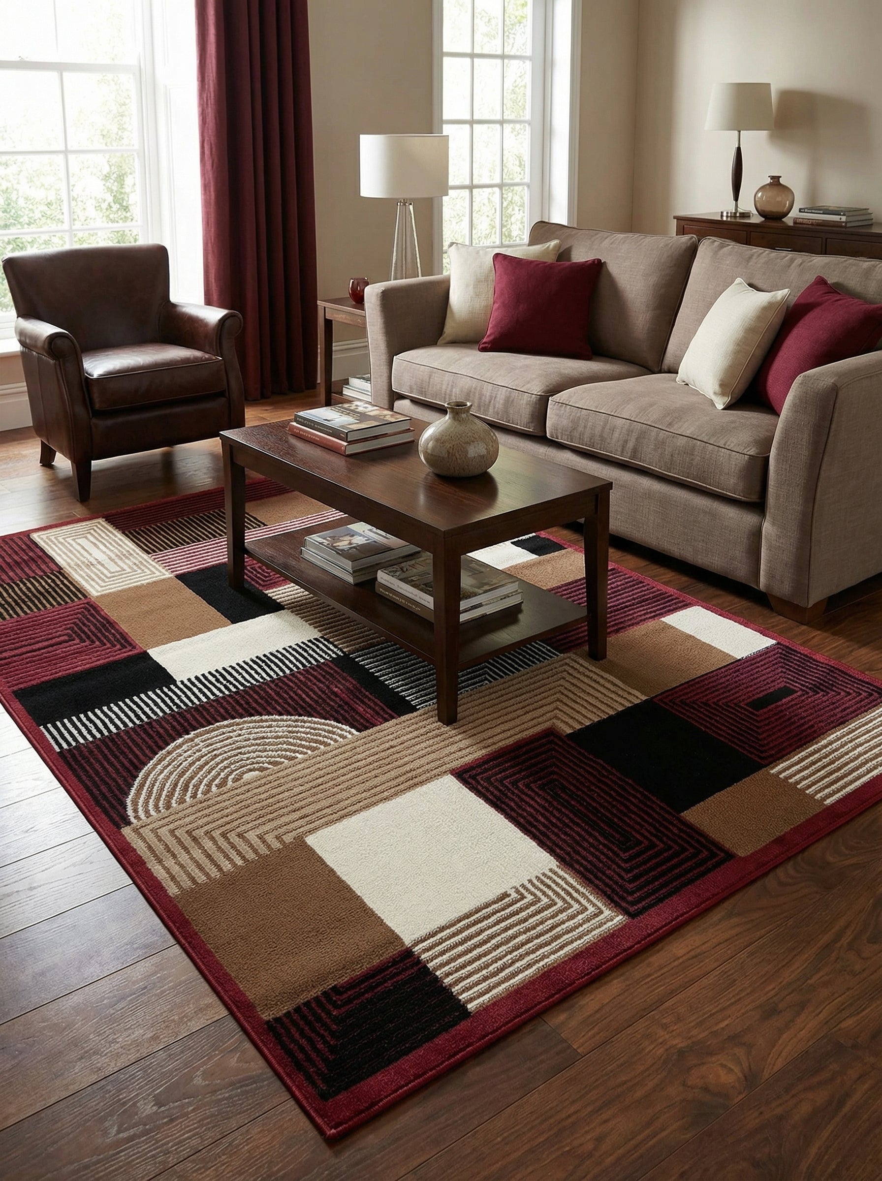 Tapis rectangulaire aux motifs géométriques noirs, bordeaux, beiges et crème. Ses blocs colorés et rayures animent un salon moderne