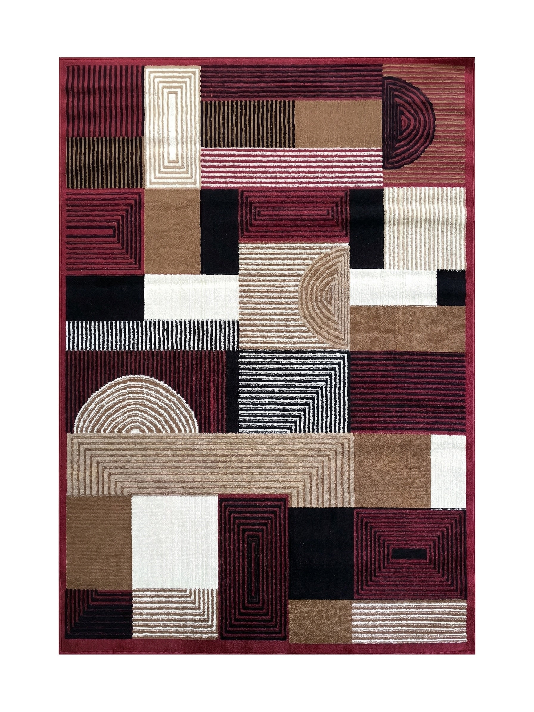 Tapis à motifs géométriques composés de blocs de couleurs, de rayures et de formes concentriques en bordeaux, beige, noir et blanc