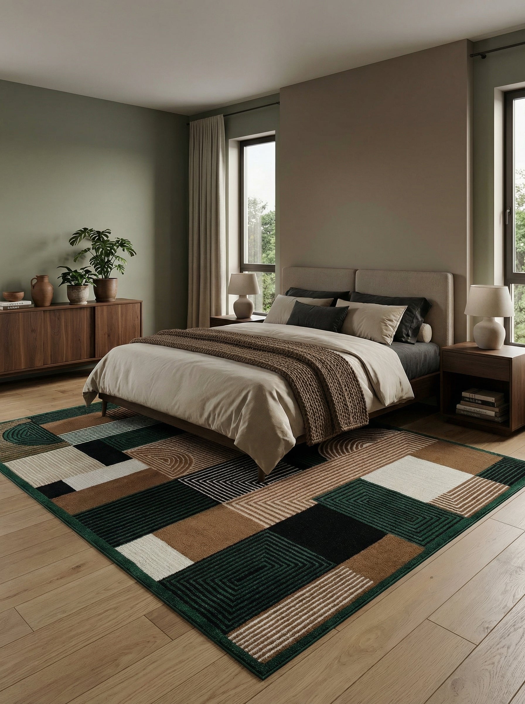 Tapis rectangulaire géométrique aux blocs verts, marron, noirs et crème, avec diverses textures, dans une chambre moderne