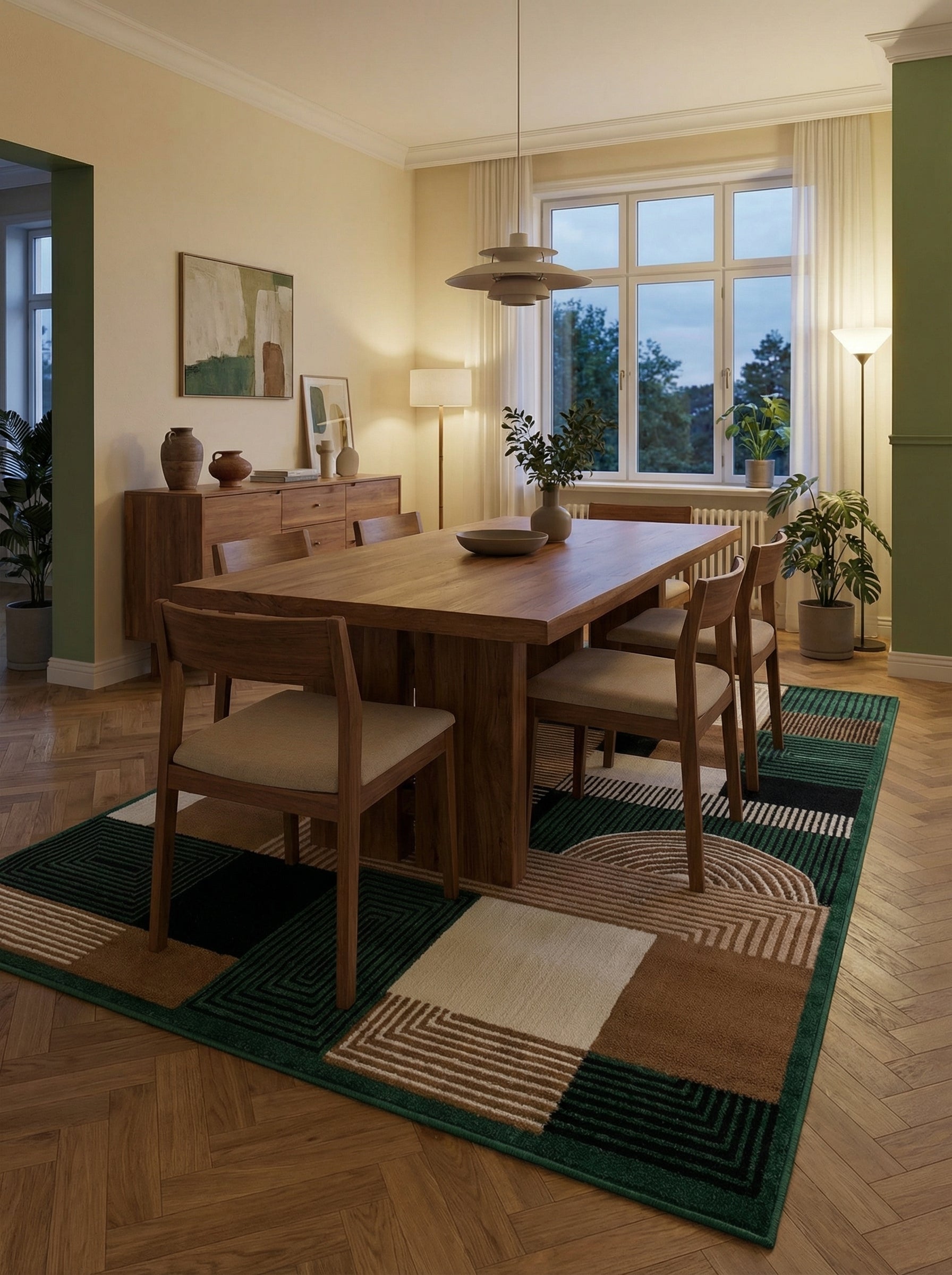Tapis rectangulaire à motifs géométriques vert émeraude, brun, noir et crème disposé dans une salle à manger